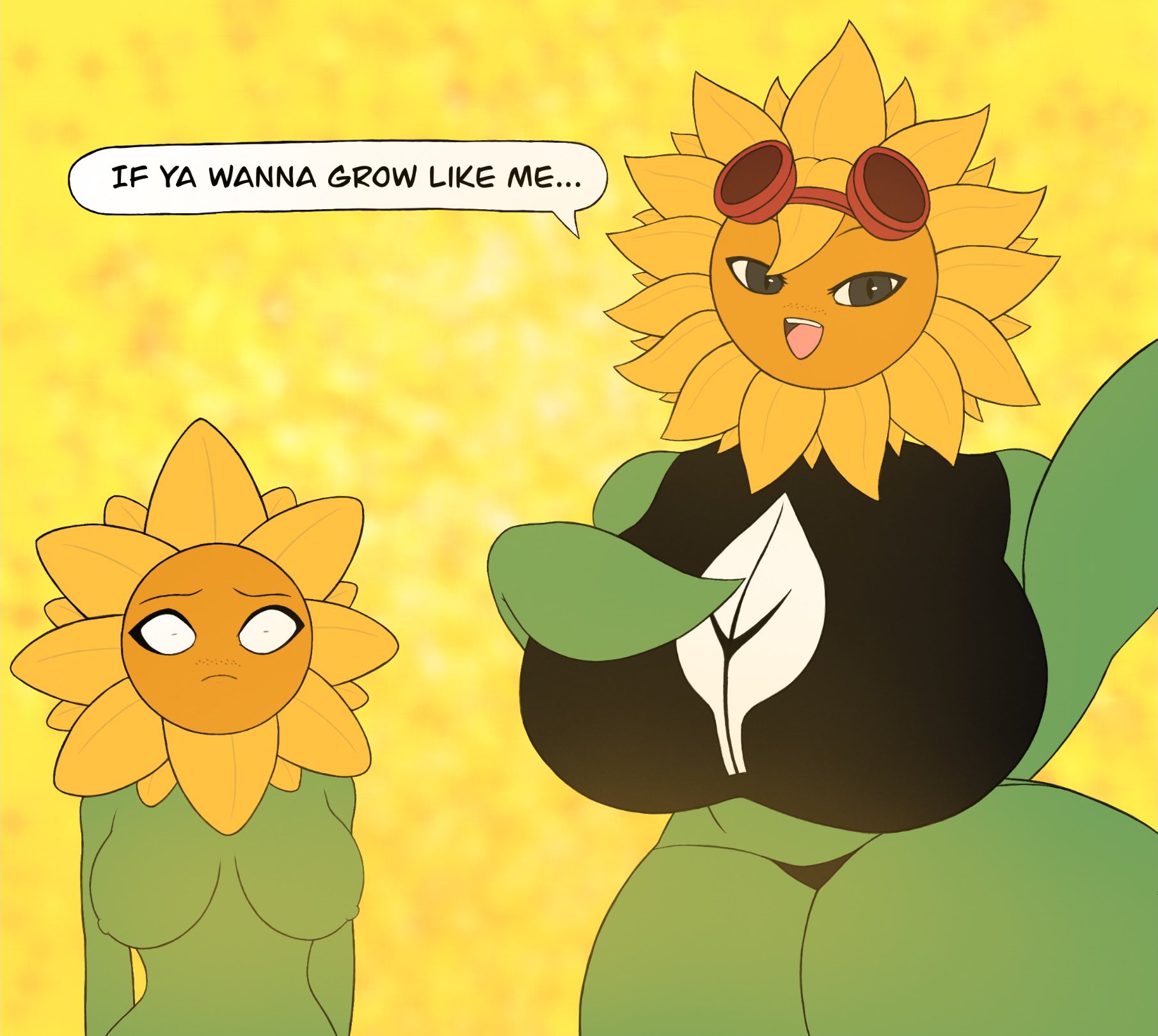 anthro, big breasts, black bikini, black shirt, breasts, dragonbreaker, english text, female, flora fauna, green skin, leaf, logo, plant girl, plantie, plants vs zombies, plants vs zombies: heroes, solar flare (pvz), sunflower, sunflower (pvz), surprised, text, thick thighs, video games, yellow background