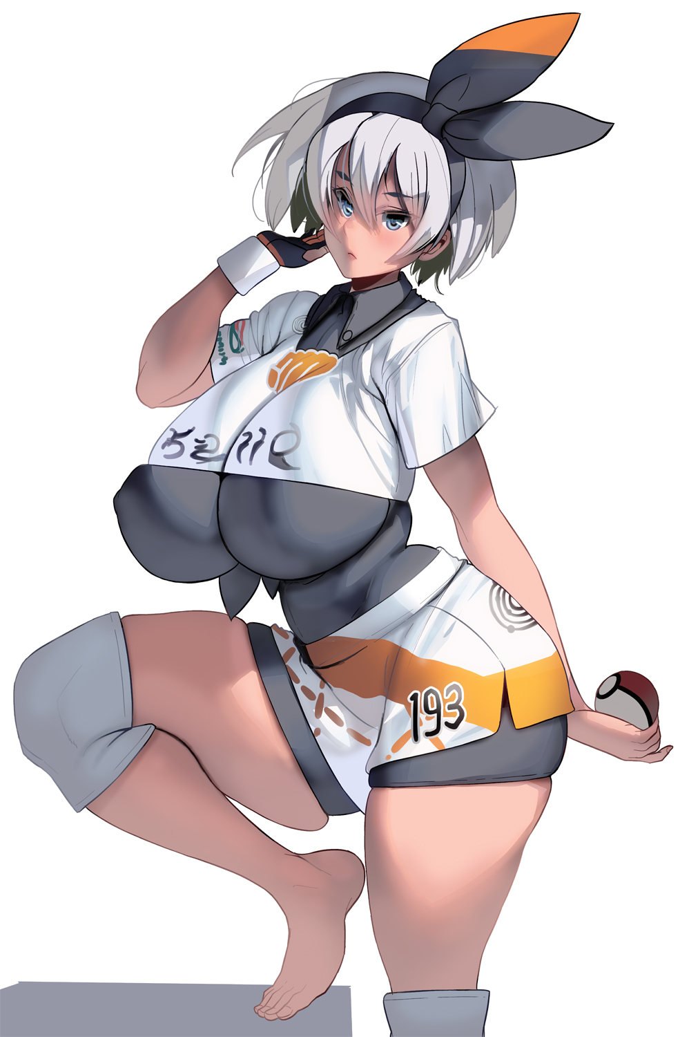 1girls, bea (pokemon), big breasts, breasts, eye contact, female, female only, gloves, grey eyes, grey hair, hair ribbon, hairband, holding object, huge breasts, large breasts, looking at viewer, masao, nintendo, pokeball, pokemon, pokemon ss, short hair, shorts, solo, thick thighs, thighs, tight clothing, tight shorts, voluptuous, white background, wide hips