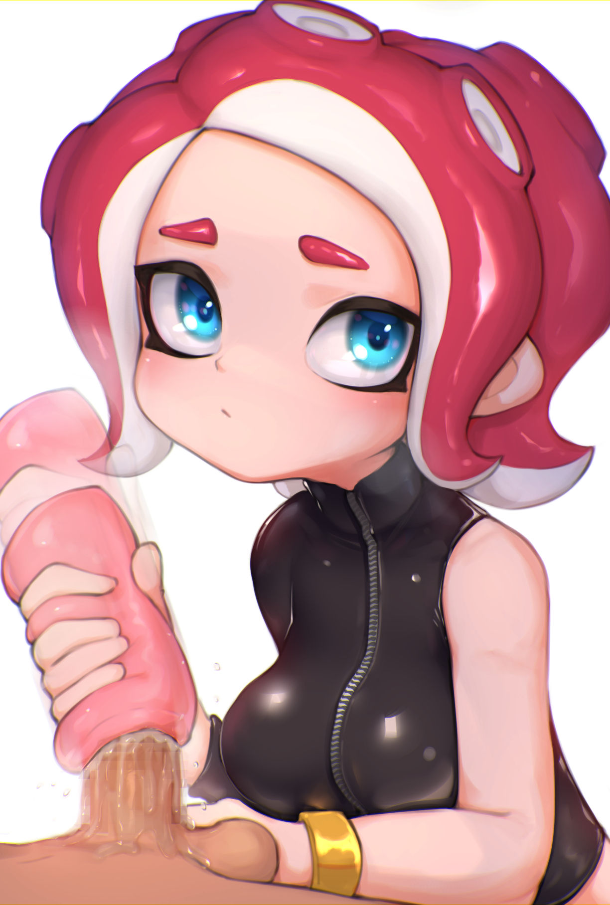 1boy, 1girls, 5 fingers, agent 8 (splatoon), artificial vagina, big breasts, blue eyes, blush, breasts, clothed, clothed female, clothed female nude male, dark skin, dark-skinned male, female, female focus, handjob, hi res, high resolution, highres, hizake, kashu (hizake), latex, looking at viewer, male, motion blur, multicolored hair, nintendo, octoling, penis, pseudo hair, red hair, sex, sex toy, short hair, simple background, splatoon, splatoon 2, straight, tentacle hair, two-tone hair, white background, wide eyed