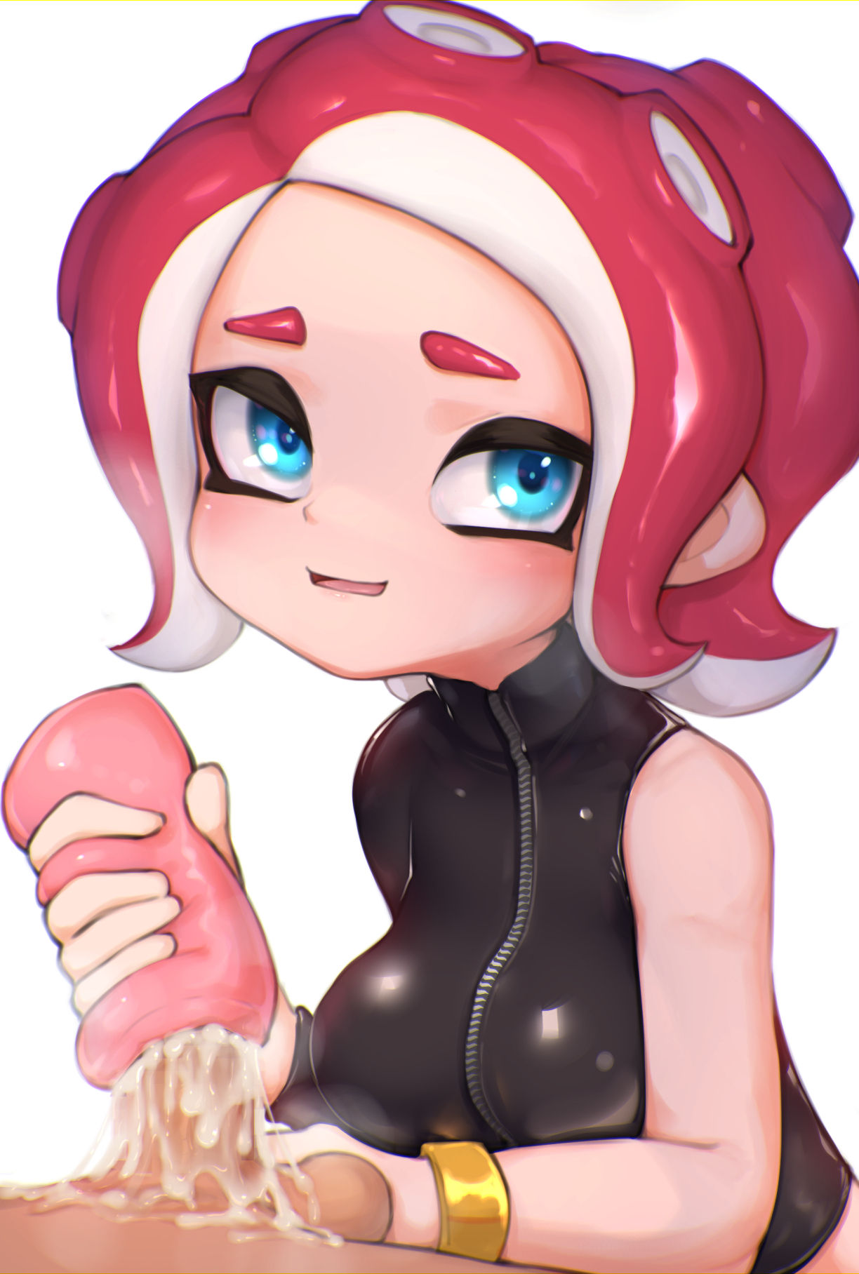 1boy, 1girls, 5 fingers, agent 8 (splatoon), artificial vagina, balls, balls fondling, big breasts, blue eyes, blush, breasts, clothed female nude male, cum, cum inside, cumshot, dark skin, dark-skinned male, female, female focus, handjob, hi res, high resolution, highres, hizake, horny, kashu (hizake), latex, looking at viewer, male, multicolored hair, nintendo, octoling, penis, pseudo hair, red hair, sex, short hair, simple background, smile, splatoon, splatoon 2, tentacle hair, two-tone hair, white background, wide eyed