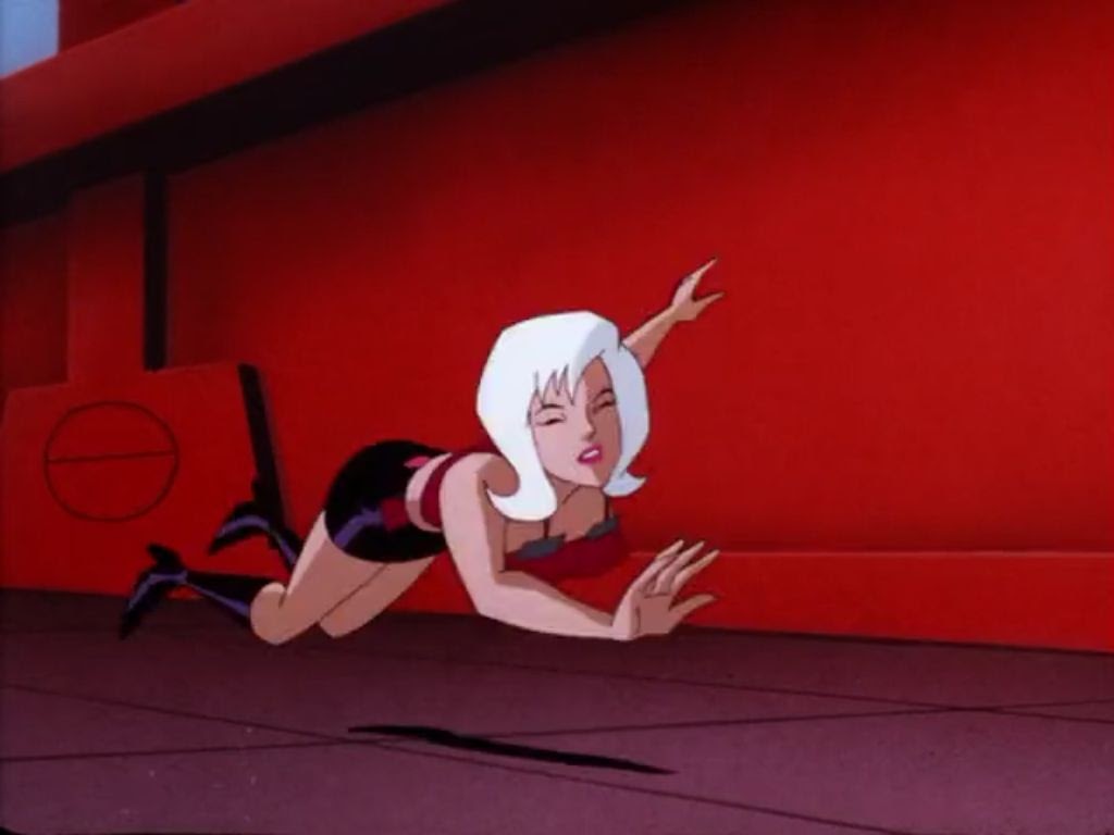 ass batman_(series) batman_beyond bobbi_blade_sommer breasts clothed clothed_female dc dc_comics dcau falling female female_only high_heel_boots pink_lipstick pink_top skirt white_hair