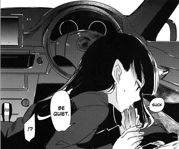 1girls black_and_white black_hair blowjob car car_sex darker_than_black english_text fellatio mina_hazuki ocha oral pointy_ears road_head text