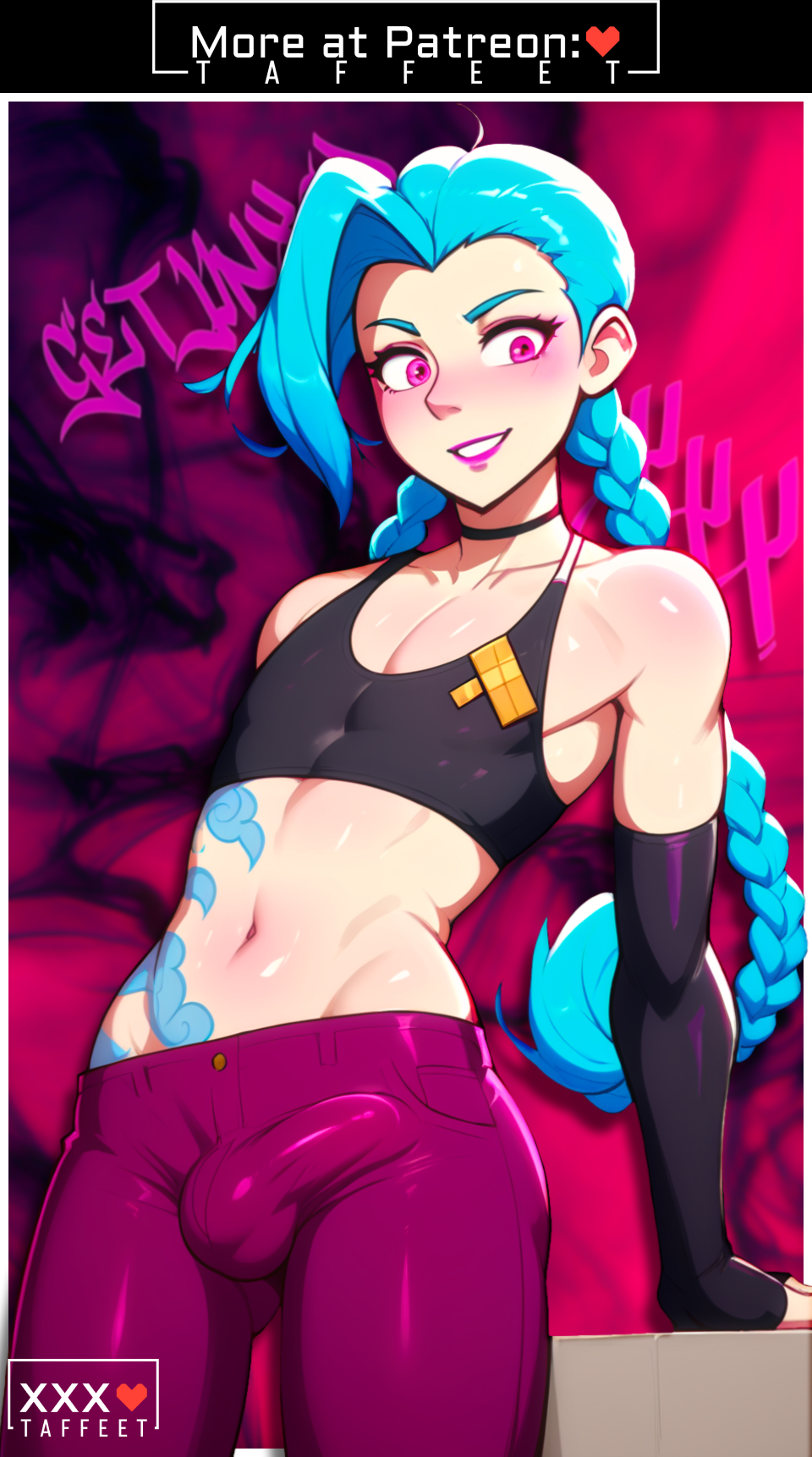 1boy abs abstract_background ai_generated blush cute drunk edited femboy feminine_male gay genderswap girly horny jinx_(league_of_legends) logo otoko_no_ko patreon taffeet thin_waist trap yaoi