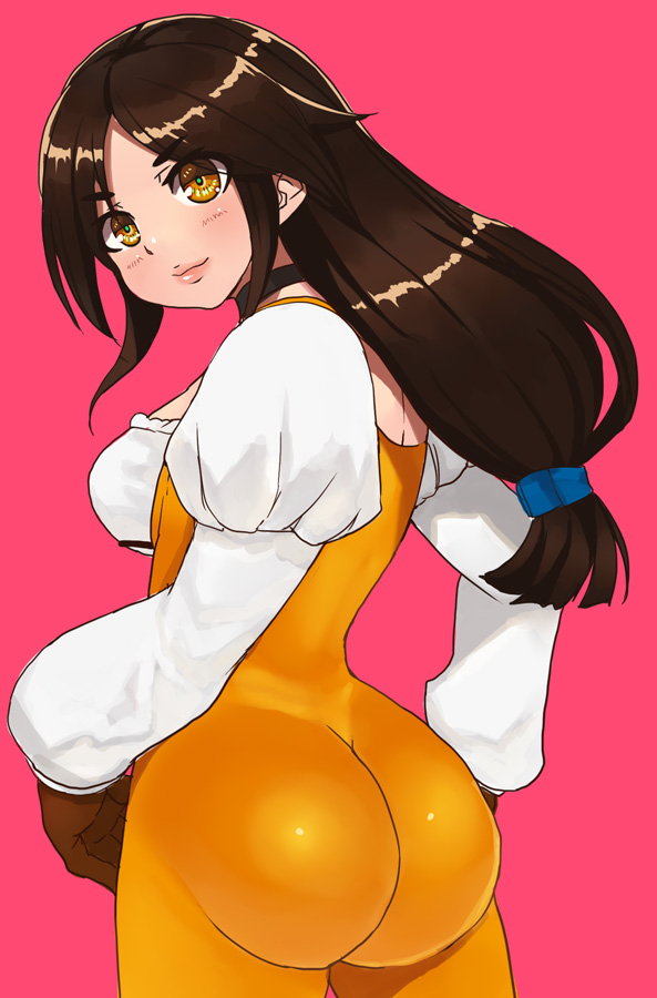 ass, breasts, brown hair, female, final fantasy, final fantasy ix, from behind, garnet til alexandros xvii, huge ass, long hair, looking at viewer, posing, sideboob, smile, tight clothes