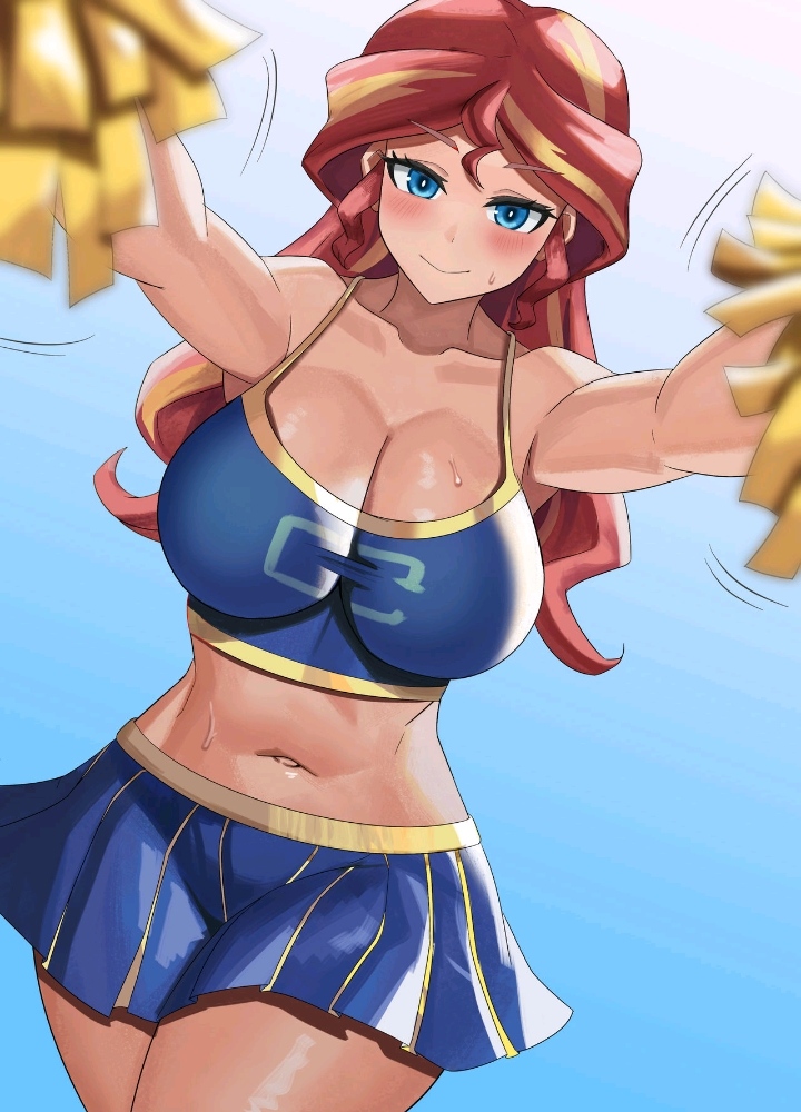 1girls 2024 belly blue_clothing blue_eyes blue_skirt blue_topwear busty cheerleader cheerleader_costume cheerleader_outfit cheerleader_uniform cleavage deviantart deviantart_link equestria_girls female huge_breasts iojknmiojknm light-skinned_female light_skin long_hair looking_at_viewer miniskirt my_little_pony navel pleated_skirt pom_poms red_and_yellow_hair red_hair simple_background solo solo_female sunset_shimmer sweat sweatdrop thick_legs thick_thighs voluptuous voluptuous_female yellow_pom_poms