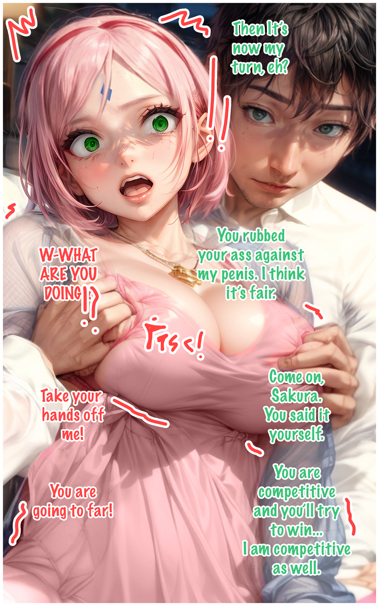 1boy 1girls ai_generated anon behind_another black_hair breasts cleavage comic comic_page comic_panel comic_strip constricted_pupils ecchi fanart girl girly hentai naruto naruto:_the_last naruto_(series) naruto_shippuden oc open_mouth pink_hair sakura_haruno small_breasts squeezing squeezing_breast surprised surprised_expression yametastudio