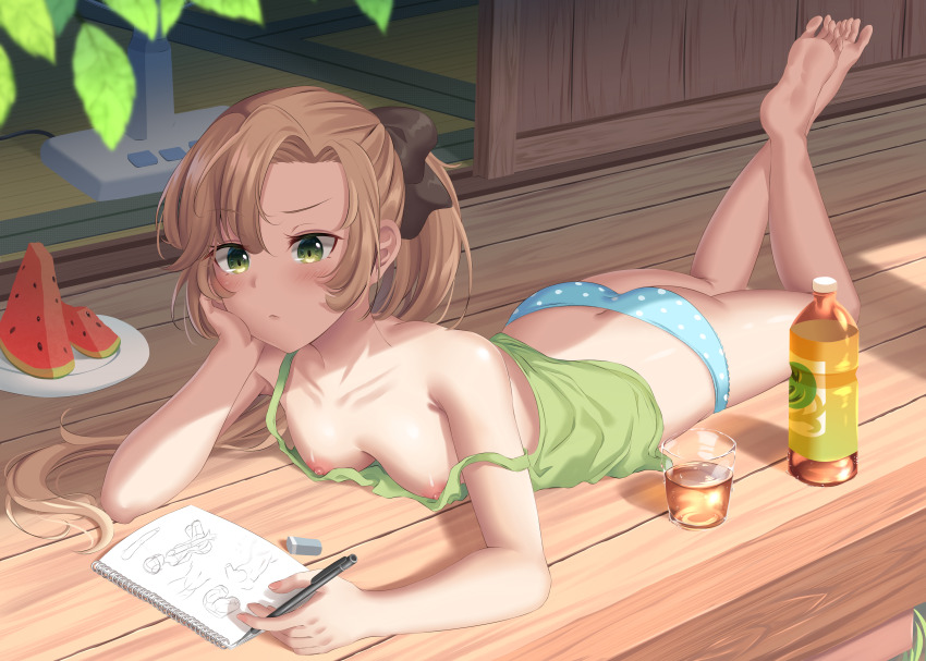 :/ akigumo_(kantai_collection) arm_rest blonde blonde_female blonde_hair blonde_hair_female buwad confused drawing_in_a_drawing drink feet feet_up food green_eyes hand_on_own_cheek hand_on_own_face juice kantai_collection legs_up medium_breasts paper revealing_clothes skinny skinny_female skinny_girl skinny_waist small_clothes small_clothing summer thin thin_clothing thin_female thin_waist watermelon