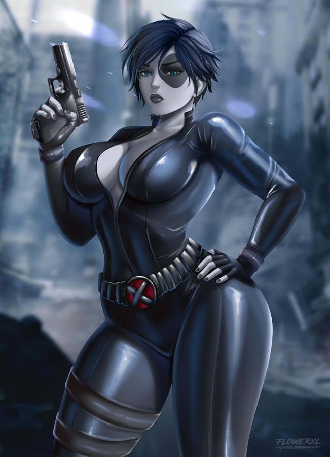 1girls belt belt_buckle big_breasts black_bodysuit black_clothing black_fingernails black_hair black_lips blue_eyes bob_cut bodysuit breasts cleavage domino_(marvel) female fingerless_gloves flowerxl gun hand_on_hip holding_weapon homo_superior large_breasts looking_at_viewer marvel marvel_comics mutant neena_thurman partially_unzipped pinup pistol solo thick thick_thighs thighs tight_clothing tight_fit weapon white_skin wide_hips x-force