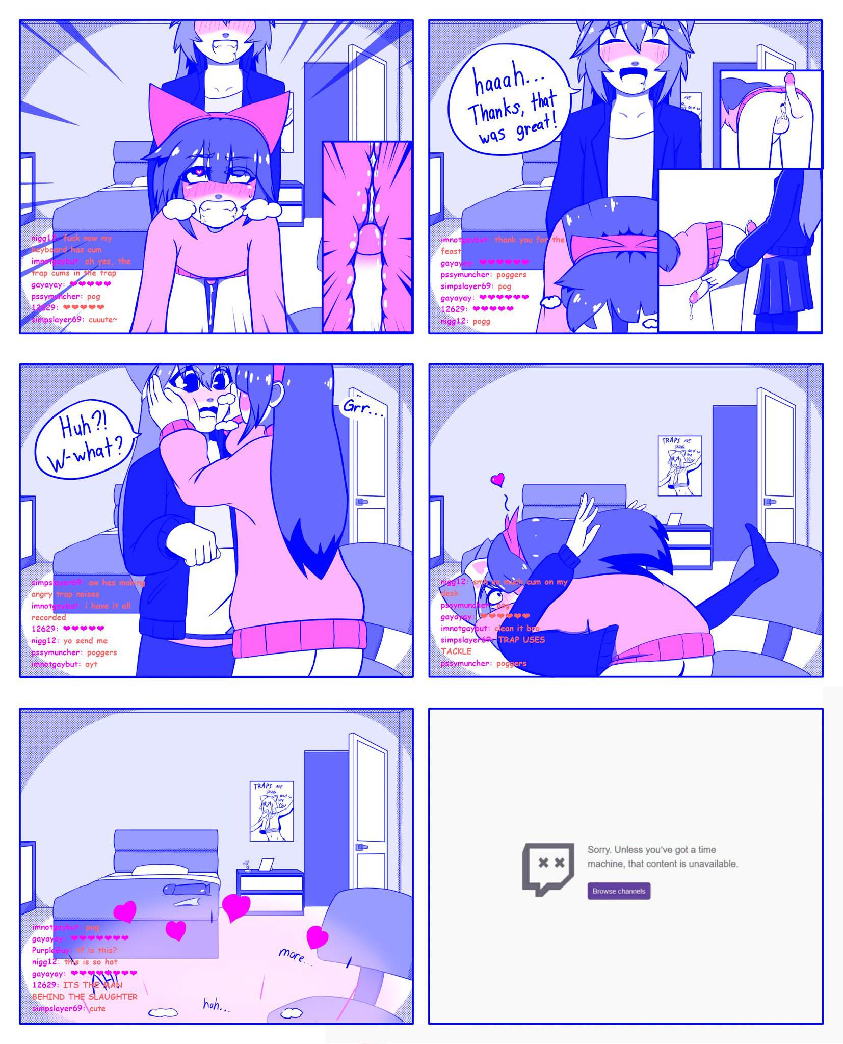 2boys, 2femboys, accident, accidental circumstance, accidental exposure, all fours, anal, anal insertion, anal masturbation, bed, bedroom, big dildo, blue panties, crossdressing, cum, cum in ass, cum in pussy, cum inside, cum inside anus, cumming, cumming while penetrating, dildo, dildo in ass, doggy style, doggystyle, embarrassed, embarrassed expression, erect penis, erect while penetrated, erection, femboy, femboy on femboy, from anal sex, gay, livestream, long hair, male/male, no homo, open mouth, orgasm, orgasm face, passionate kiss, passionate sex, penis, penis in ass, pink dress, pleasure face, ruborised, saltyslice, sex, sex from behind, sissy, smiling, streamer, streaming, surprised, surprised expression, trap, trap on trap, x-ray, yaoi
