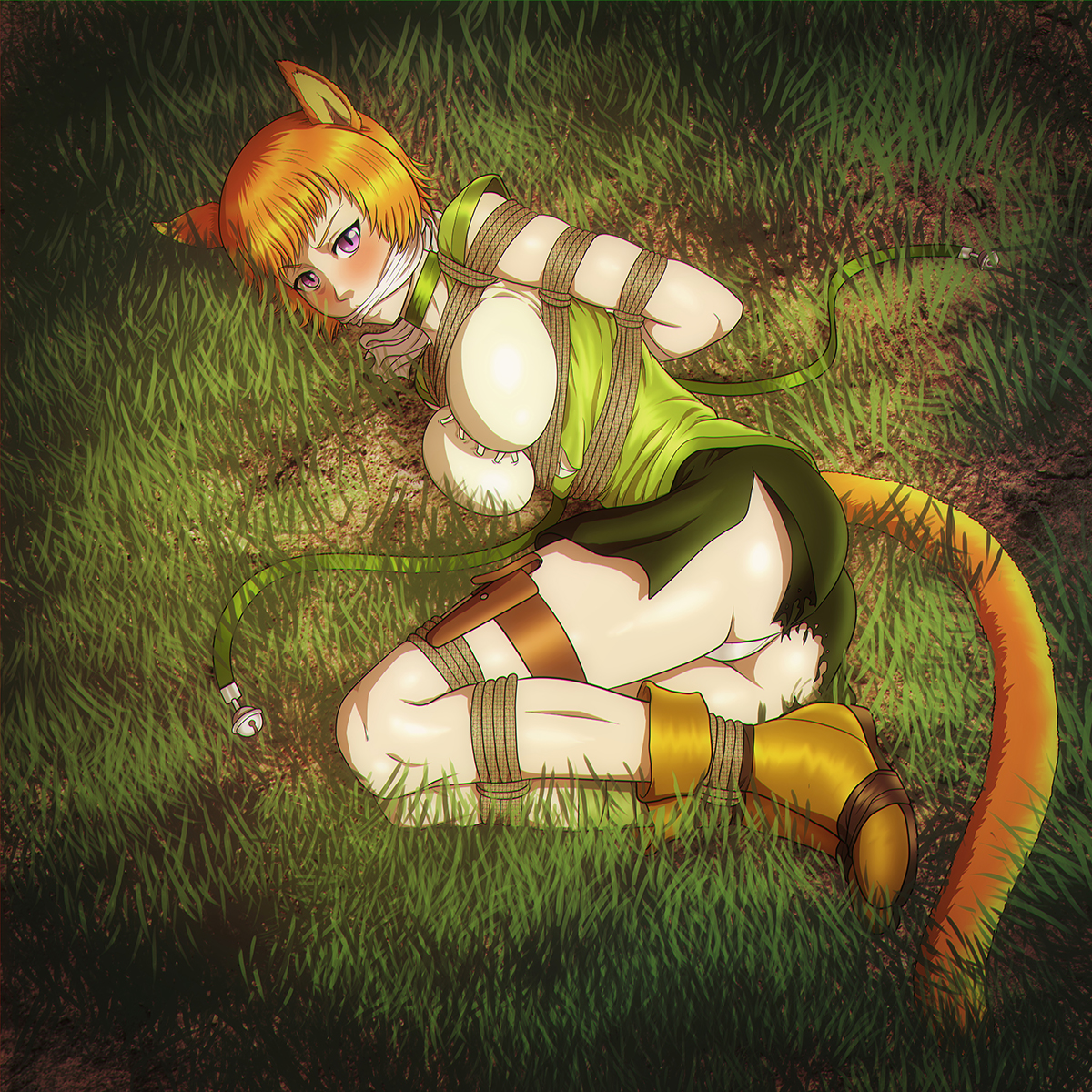1girls, ass, blush, bondage, breasts, cat ears, cat girl, cat tail, catgirl, cleave gag, female, femsub, fire emblem, fire emblem: path of radiance, fire emblem: radiant dawn, gag, gagged, grass, laguz (race), large breasts, lethe (fire emblem), pantyshot, reptileye, restrained, rope, rope bondage, sweat, upskirt