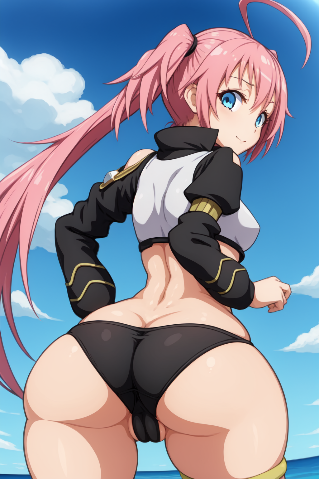 ahoge ai_generated ass back bangs bikini black_clothes black_panties black_underwear blue_eyes blue_sky blush breasts cameltoe closed_mouth clothing cloud crop_top cropped_jacket day female female from_behind hair_between_eyes legwear long_hair long_sleeves looking_at_viewer looking_back milim_nava ocean outdoors pantsu pink_hair shiny shiny_hair shiny_skin skindentation sky small_breasts smile solo swimsuit tensei_shitara_slime_datta_ken thighhighs thighs thong tied_hair twintails underwear very_long_hair