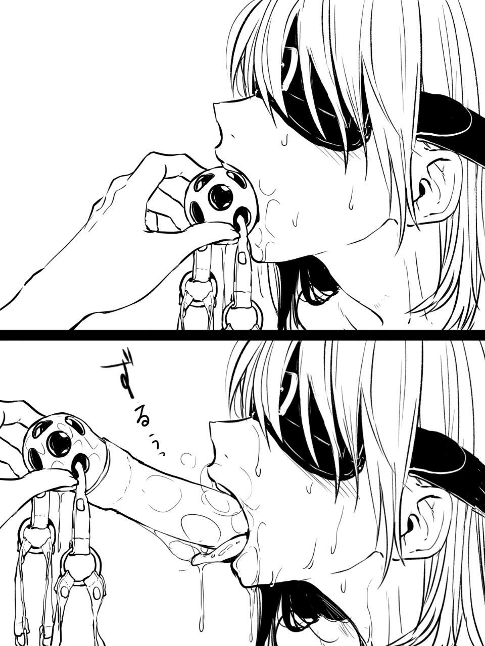 1girls, 1other, ambiguous gender, ball gag, bangs, blindfold, blush, collarbone, deepthroat, dildo gag, drooling, female, gag, gagged, gagging, monochrome, saliva, simple background, sweat, tongue, tongue out