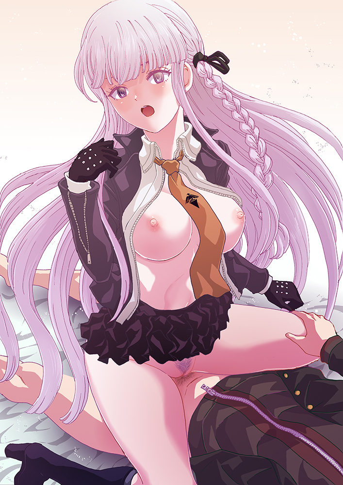 1boy 1girls :o black_gloves black_ribbon black_skirt blush boots bottomless braid breasts brown_eyes brown_jacket brown_necktie collared_shirt cowgirl_position danganronpa danganronpa:_trigger_happy_havoc danganronpa_(series) female female_pubic_hair gloves green_jacket grey_hair hair_ribbon high_heels human jacket kirigiri_kyouko knee_boots large_breasts layered_skirt long_hair male male_pubic_hair miniskirt naegi_makoto necktie nipples open_clothes open_jacket pubic_hair ribbon rurukichi sex shirt side_braid skirt straddling straight