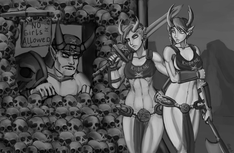 2girls 2girls1boy alternate_version_available black_and_white chaos_(warhammer) chaos_daemon english_text female greyscale khorne khorne_mark monochrome sword text unop warhammer_(franchise) warhammer_40k