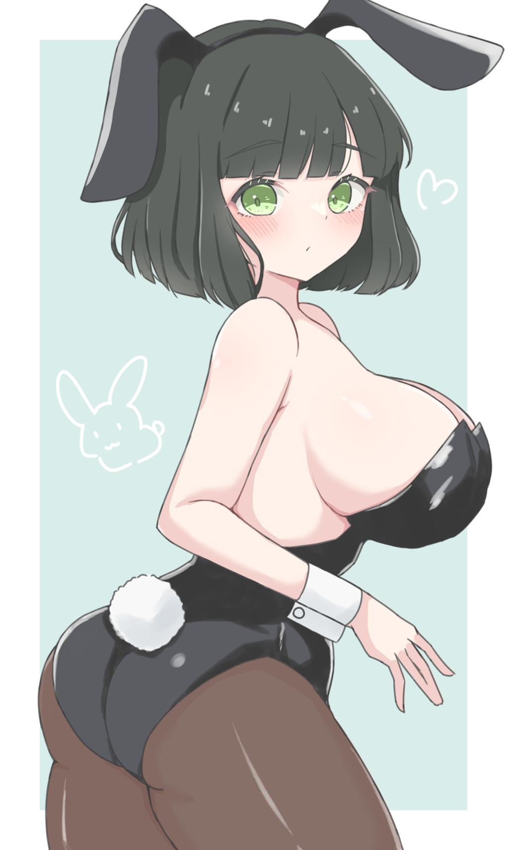 1girls animal_ears animal_ears_headband ass black_hair black_hairband black_leotard black_pantyhose blue_background blunt_bangs blunt_ends blush border breasts closed_mouth cowboy_shot eyebrows eyebrows_visible_through_hair fake_animal_ears fake_animal_tail fake_tail green_eyes hairband large_breasts leotard link!_like!_love_live! looking_at_viewer love_live! momose_ginko outside_border pantyhose playboy_bunny rabbit_ear_hairband rabbit_ears rabbit_tail rokoroko_65 short_hair solo solo_female strapless strapless_leotard tail white_border white_wrist_cuffs wrist_cuffs