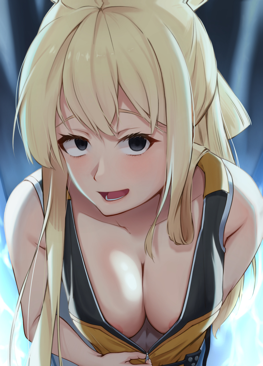 1girls black_eyes blonde_hair bodysuit breast_focus breast_squeeze breasts breasts_squeezed_together female_focus go!_go!_loser_ranger! long_hair nipples ranger_reject risky1249 sentai_daishikkaku slight_blush suzukiri_yumeko undressing unzipped_bodysuit unzipping yellow_hair