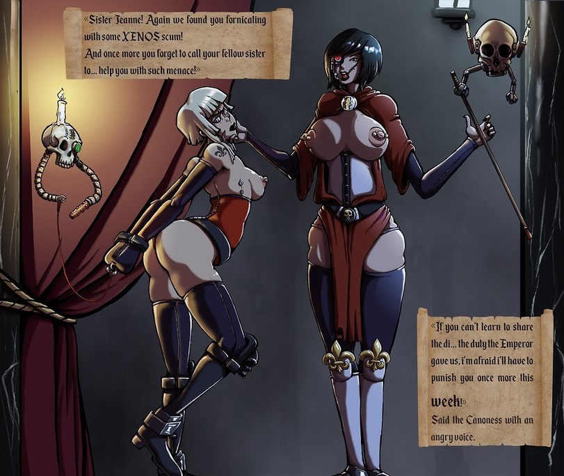 2girls adepta_sororitas bondage darkminou english_text imperium_of_man servo-skull sister_of_battle text warhammer_(franchise) warhammer_40k