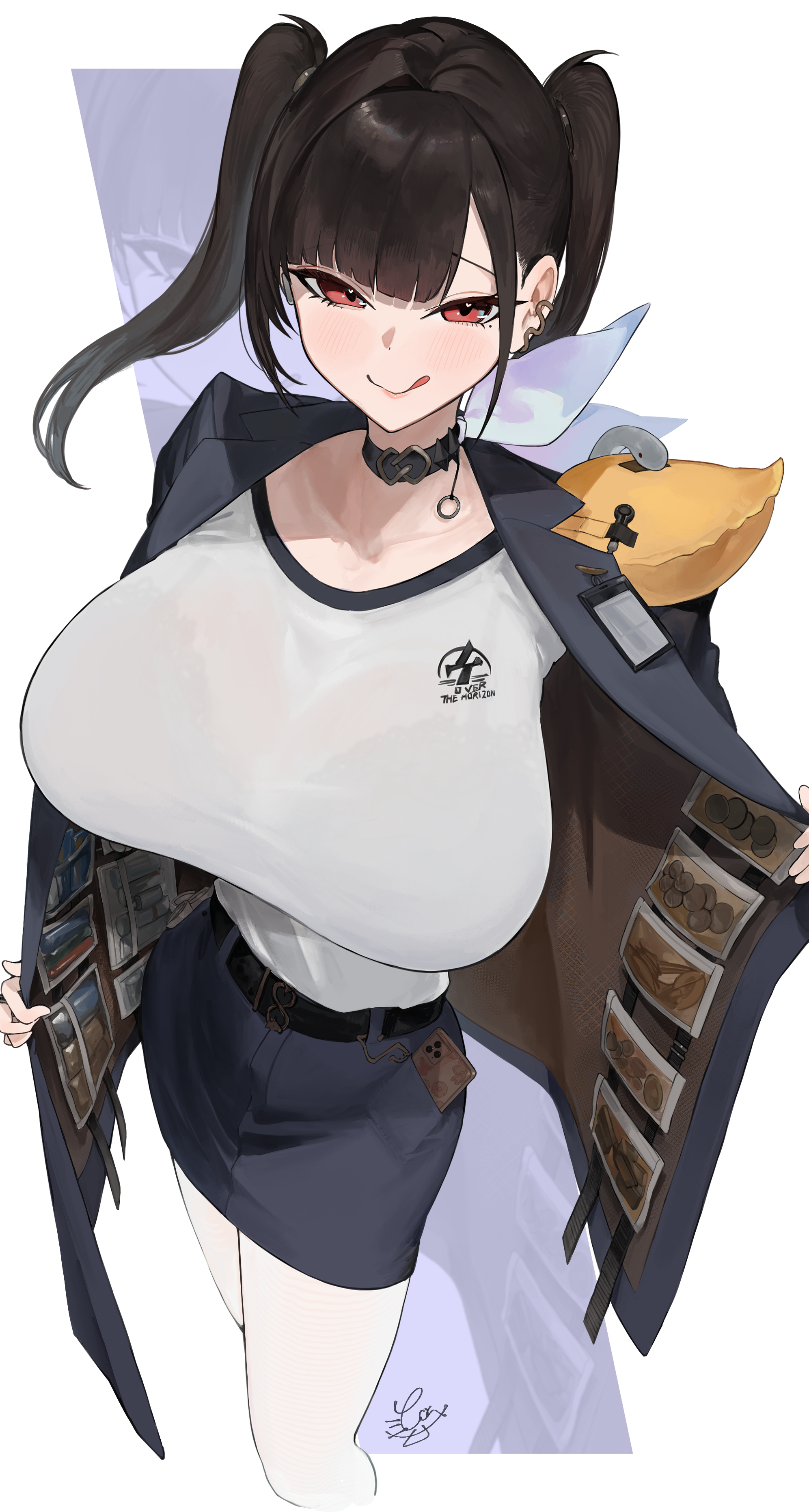 1girls, absurdres, big breasts, black choker, black coat, blue skirt, bra visible through clothes, breasts, brown hair, choker, coat, condom, curvy, earrings, female, female only, goddess of victory: nikke, highres, jewelry, kajuu, large breasts, looking at viewer, pantyhose, red eyes, shirt, short twintails, signature, single earphone, skirt, smile, snake earrings, solo, sora (nikke), tongue, tongue out, twintails, white pantyhose, white shirt, wireless earphones