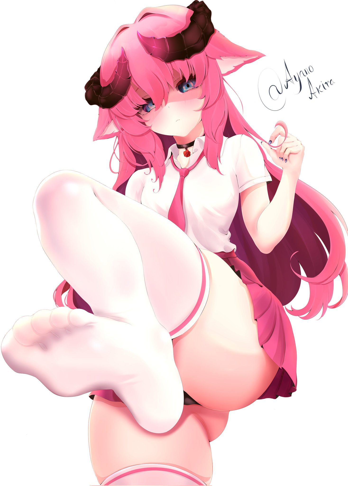 1girls, angry expression, animal ears, ayano akira, black panties, blue eyes, blush, breasts, busty, collar, curvy, curvy female, curvy figure, dragon girl, dragon horns, fangs, feet, feet focus, female, female focus, female only, foot fetish, hispanic virtual youtuber, horns, indie virtual youtuber, irelyth, latam virtual youtuber, light skin, light-skinned female, long hair, looking at viewer, panties, pink hair, pink nipples, school, schoolgirl, sexy, small breasts, soles, succubus, suggestive, thick thighs, thighs, toes, two-tone hair, vtuber, vtuberfanart, white shirt, white stockings