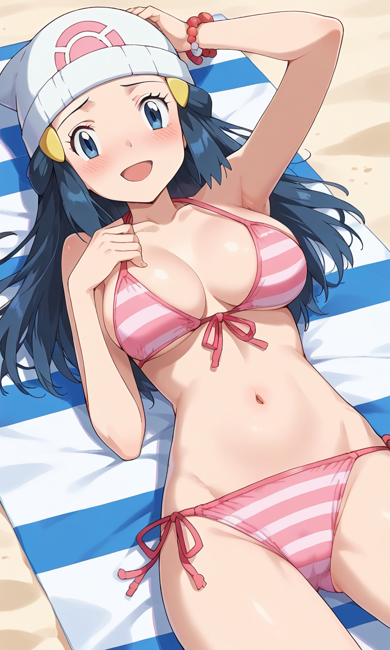 ai_generated beach bikini dawn_(pokemon) looking_at_viewer pokemon pokemon_diamond_pearl_&_platinum pokemon_dppt smile