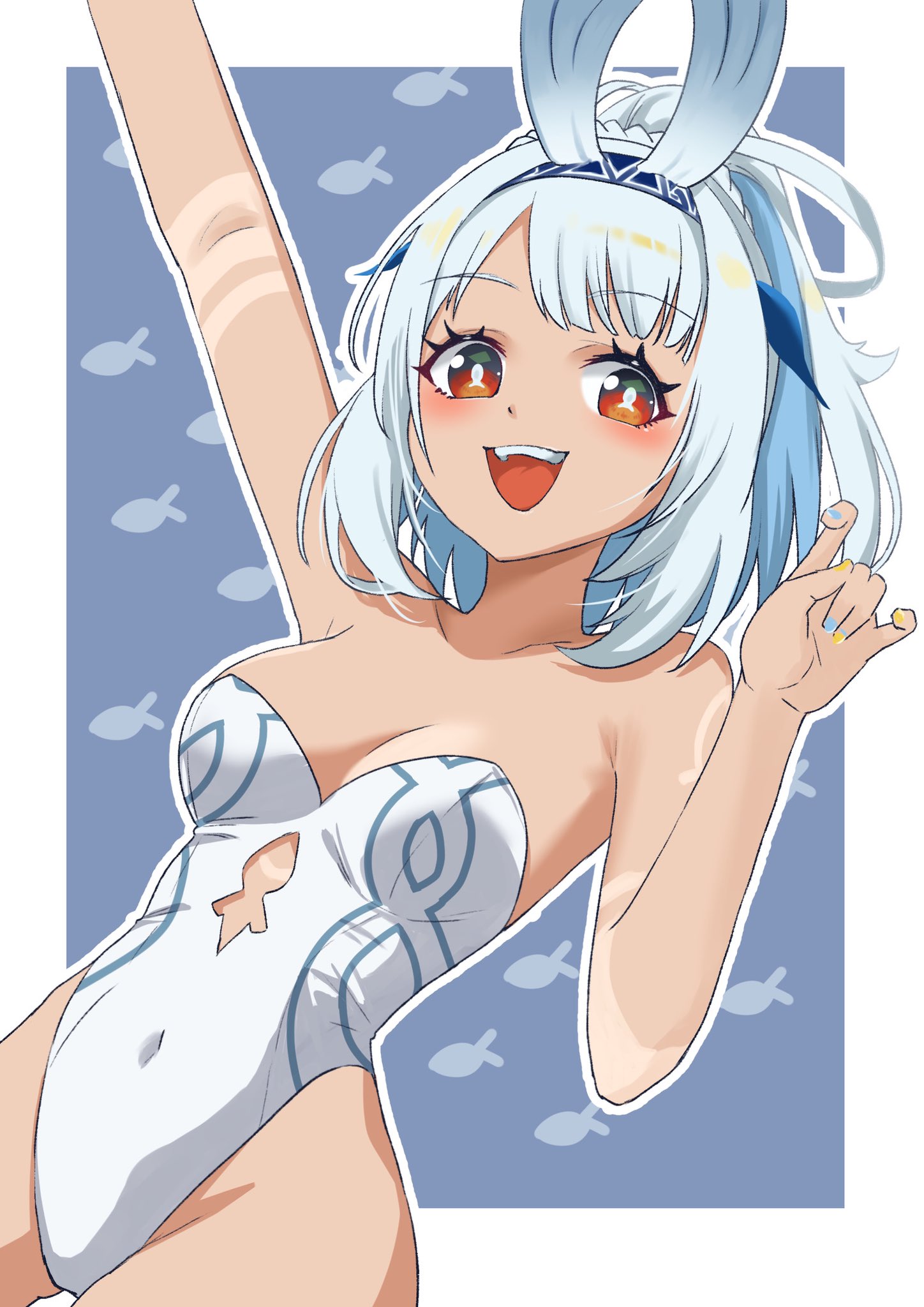 1girls, blue hair, blush, blushing, female, female only, genshin impact, headband, laughing, leotard, mualani (genshin impact), nail polish, nails painted, tagme, tan body, white l0l 46
