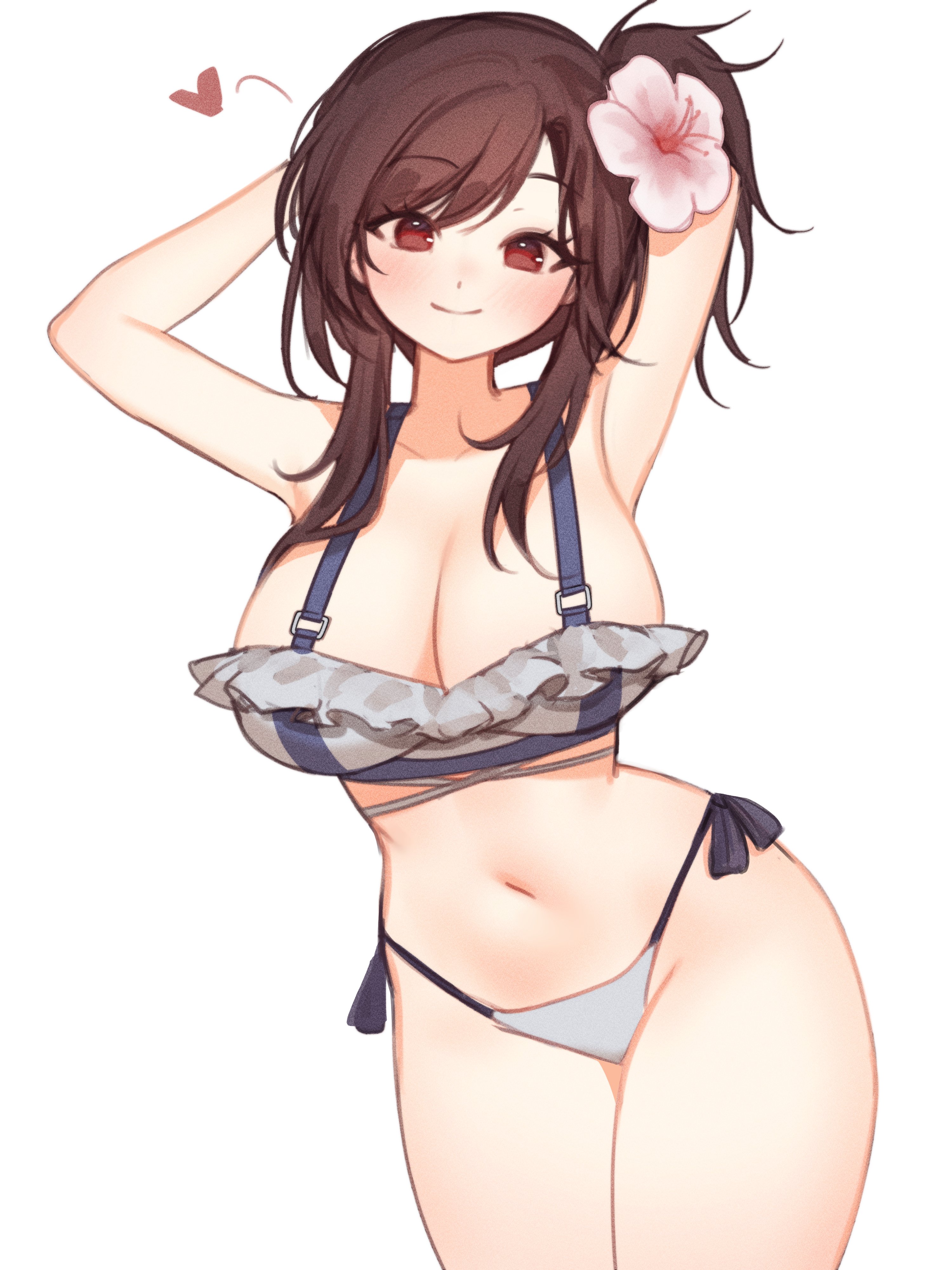 1girls, armpits, arms behind head, arms up, belly button, breasts, brown hair, cute, female, final fantasy, final fantasy vii, flower in hair, heart, large breasts, long hair, looking at viewer, panties, ponytail, red eyes, skyaboveme, smile, solo, solo female, solo focus, thighs, thighs together, tifa lockhart, white panties, wide hips
