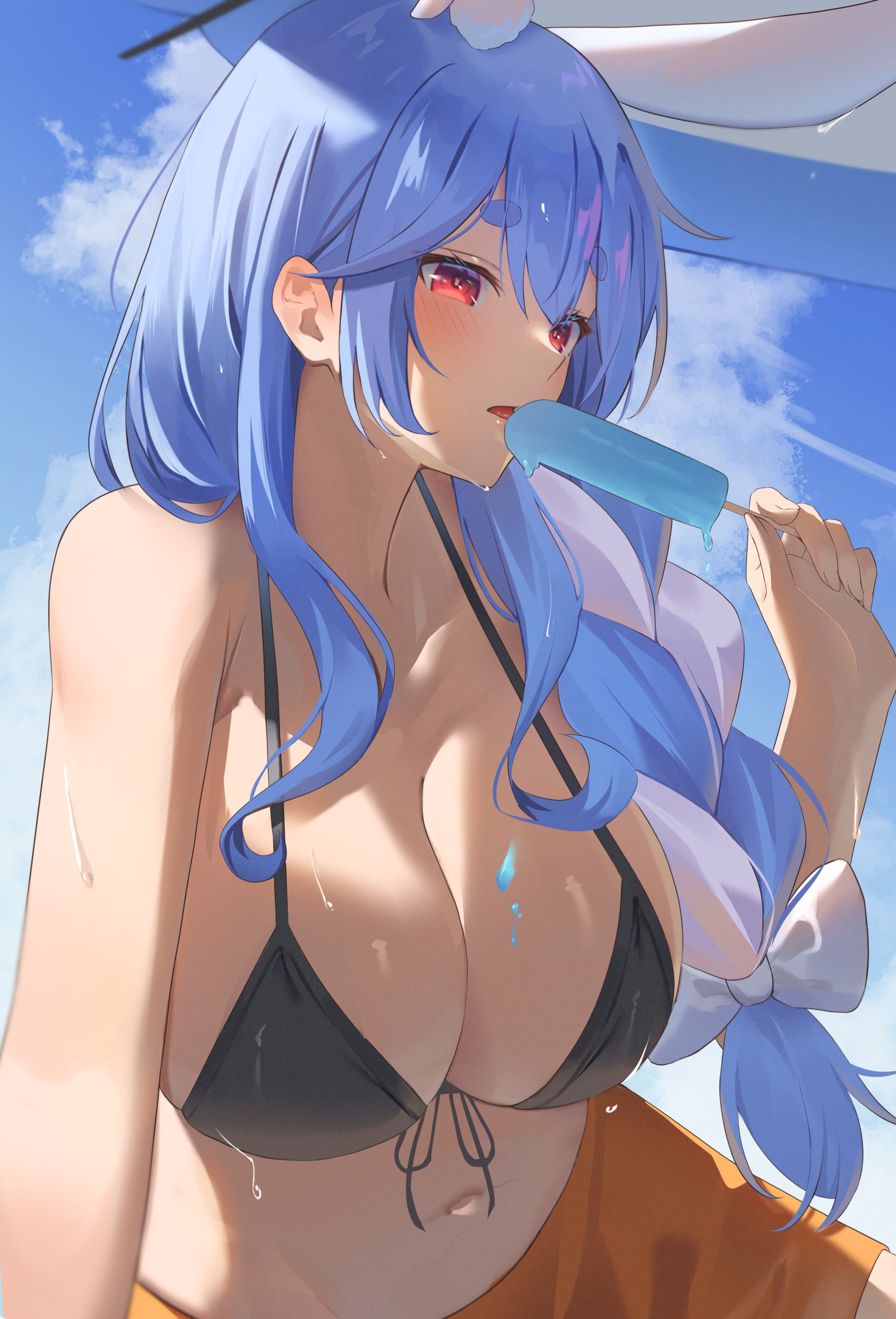 1girls, beach, bikini, blush, breasts, eating, female, female only, food, hololive, hololive fantasy, hololive japan, holomilfs, huge breasts, light skin, light-skinned female, mature female, milf, navel, pekomama, pendora1022, popsicle, solo, swimsuit, virtual youtuber