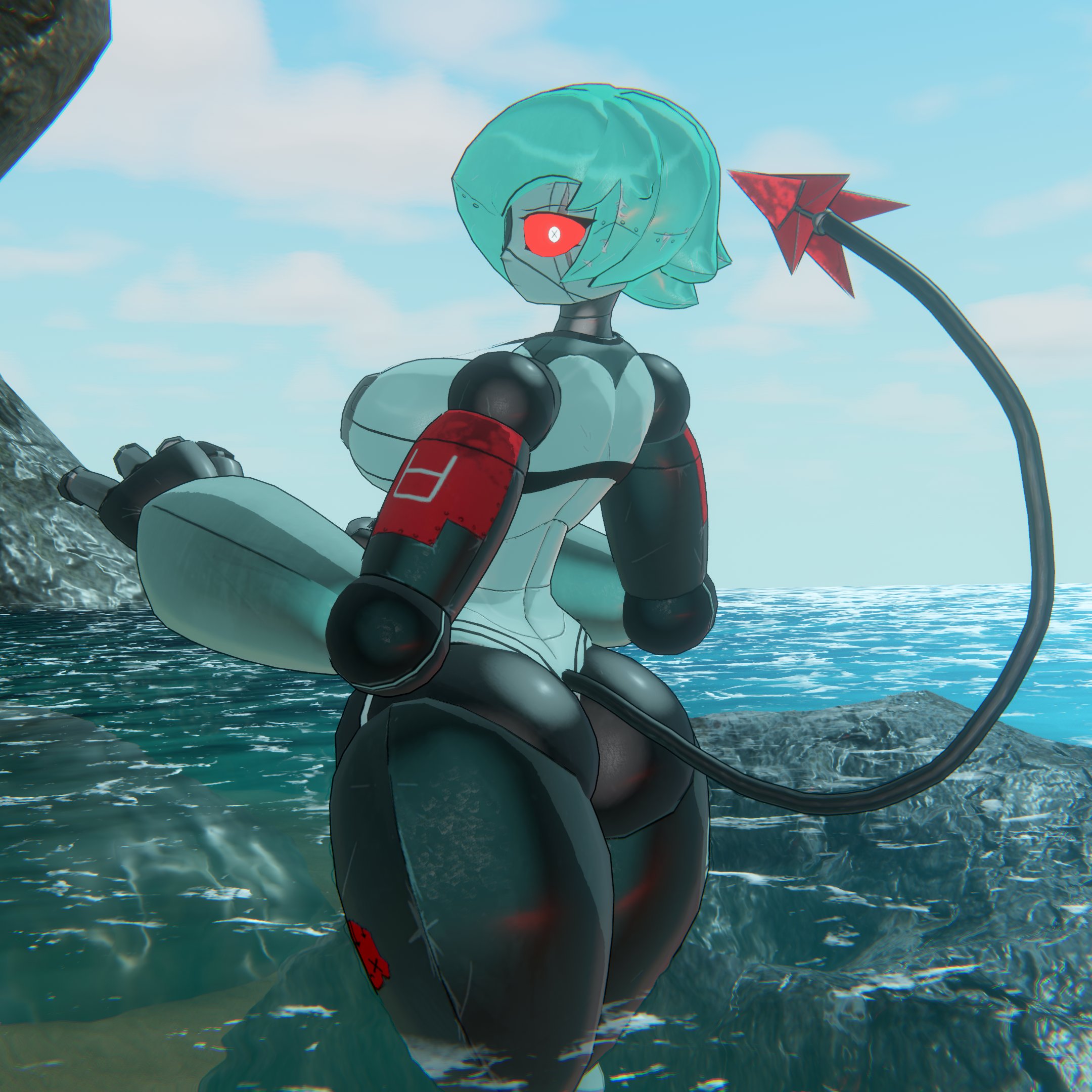 automaton (helldivers), bikini, commissar-chan (arzyparzy), female, helldivers, jallerarts, large ass, looking at viewer, robot girl, tail, wide hips