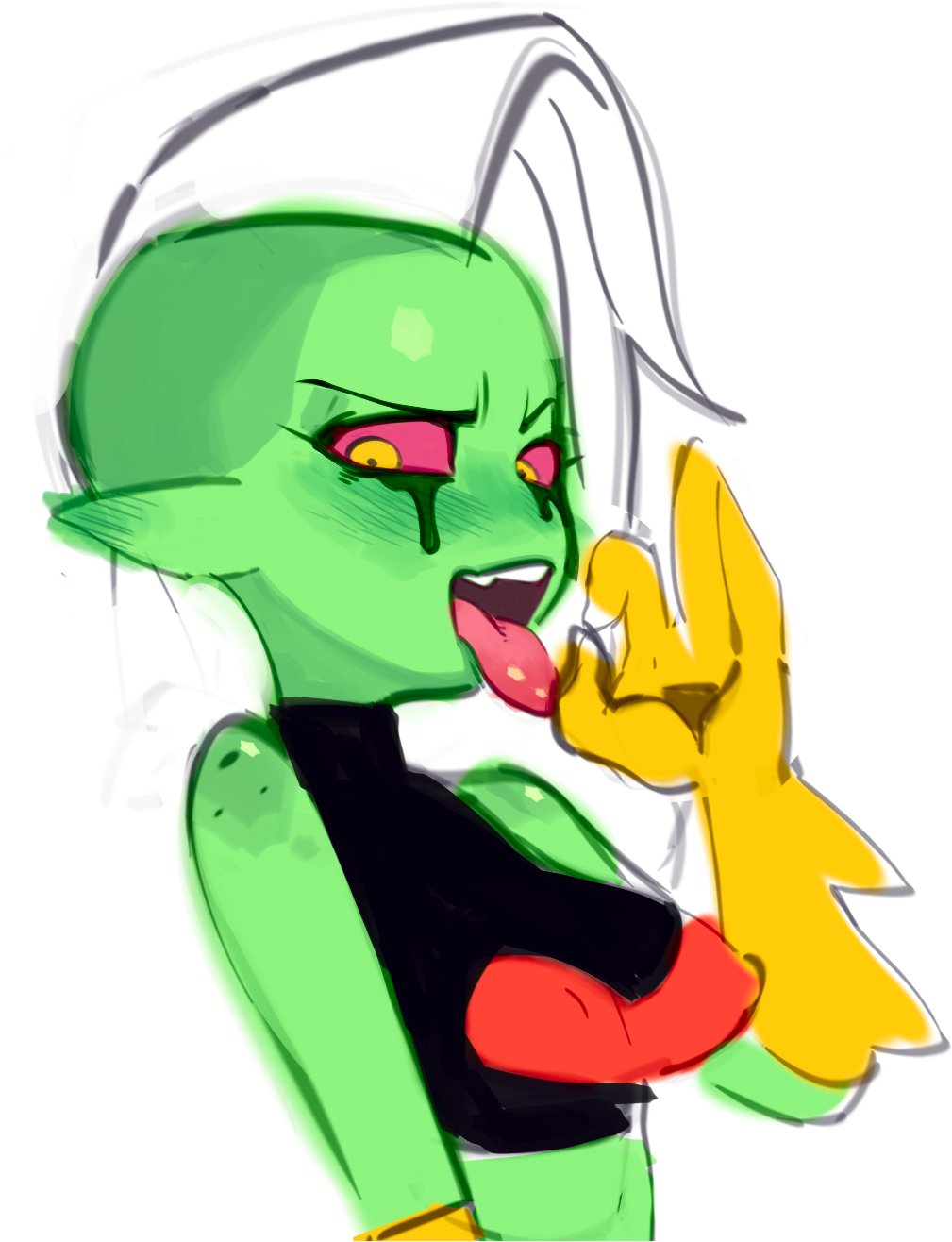 1girls, cheez, crop top, disney, fellatio gesture, female, female only, green skin, humanoid, lord dominator, mascara tears, mohawk (hairstyle), no visible genitalia, pink eyes, running mascara, side shave, solo, tongue, tongue out, toony, wander over yonder, white hair, yellow sclera