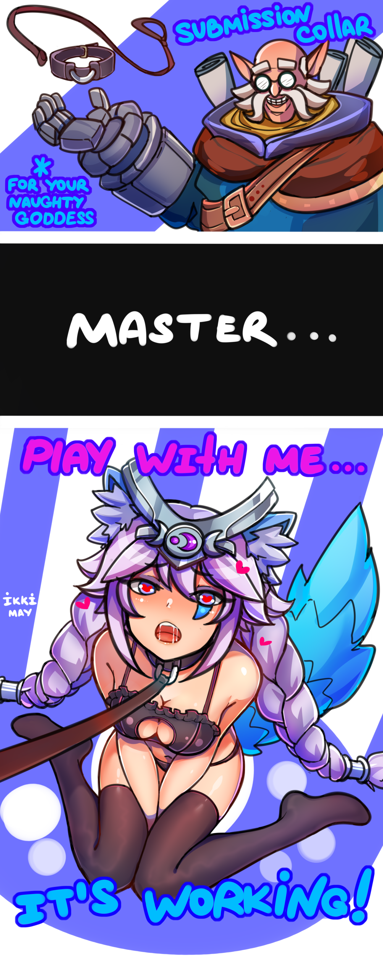 1boy, 1girls, animal ears, animal tail, bondage, collar, drooling, english text, female, fox ears, fox tail, glasses, goddess, heart-shaped pupils, ikkimay, io (paladins), kemonomimi, leash, male, paladins, pointy ears, purple hair, sitting, stockings, tail, text, tiara, torvald (paladins), wariza
