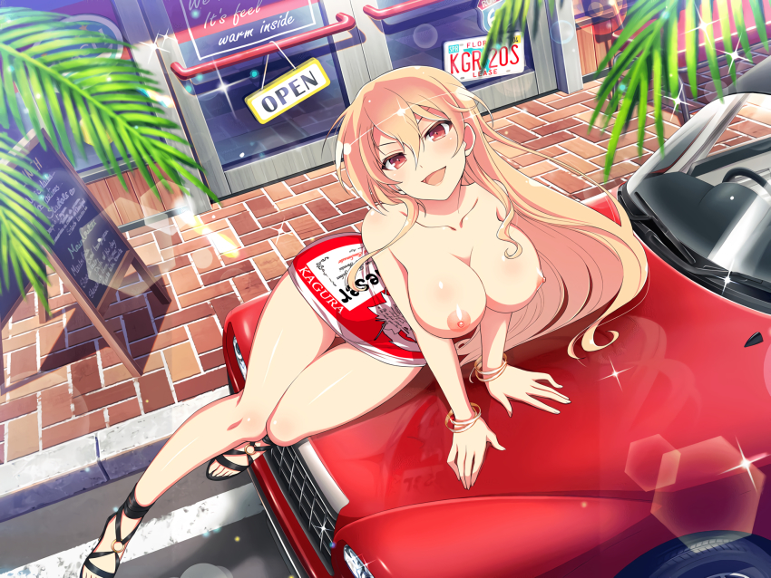 blonde_hair breasts exposed_breasts looking_at_viewer nipples open_mouth red_car red_eyes senran_kagura souji_(senran_kagura) yaegashi_nan