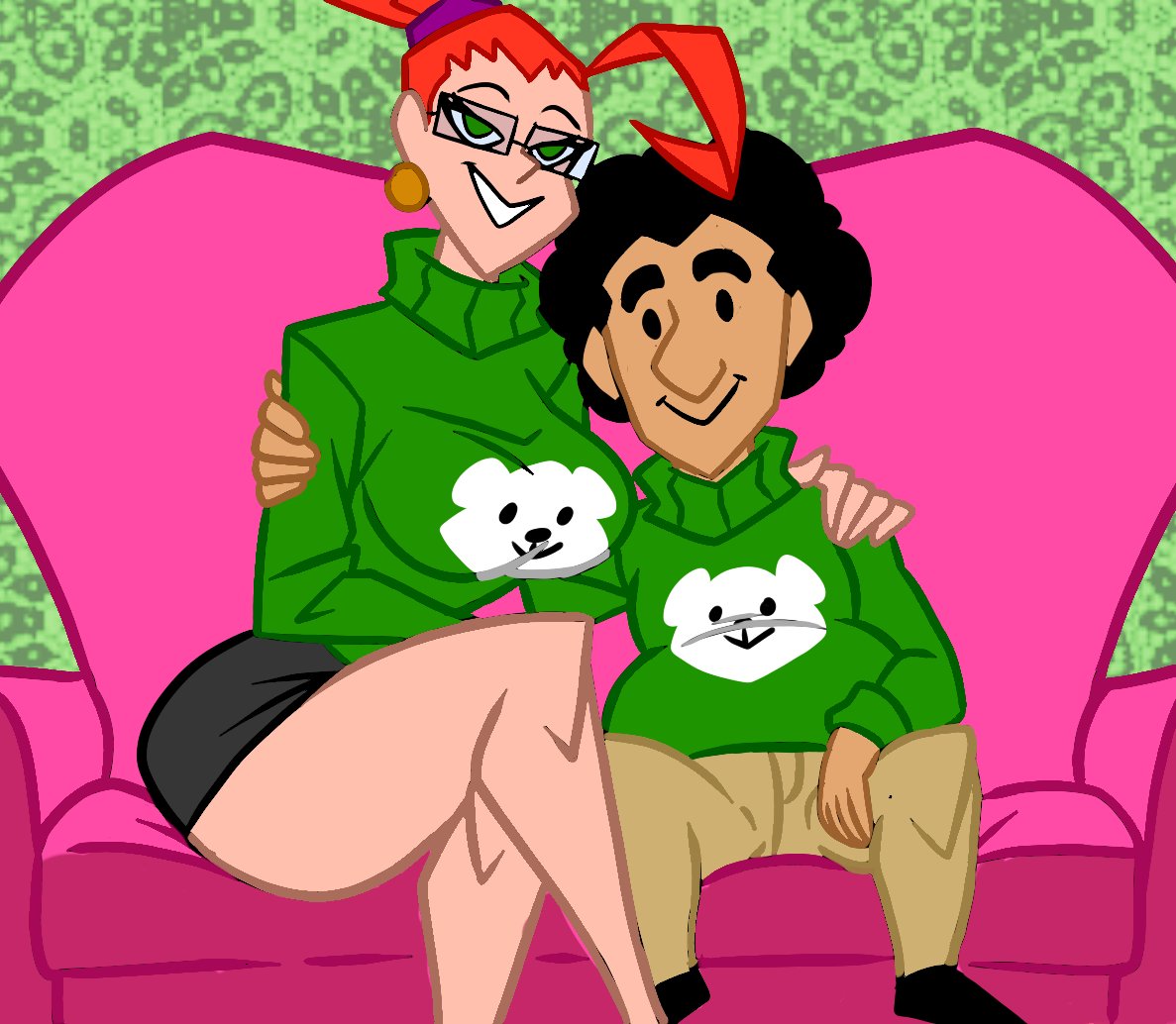 big_ass big_breasts big_nose black_hair boyfriend-girlfriend busty couch couple curly_hair cute dan_from_sears_(wappah) earrings female green_eyes legs_crossed male miniskirt posing red_hair smaller_male smile sweater taller_female vamplower_(wappah) voluptuous wappah wholesome