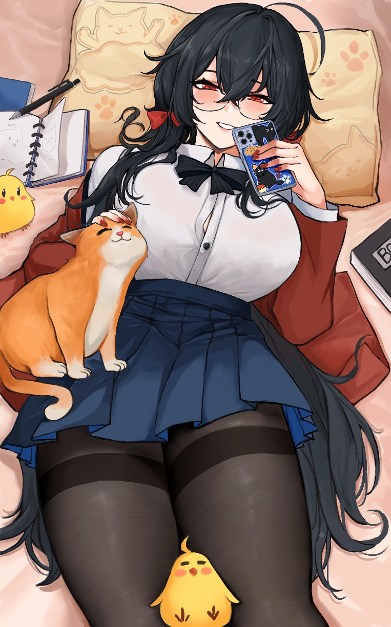 1girls 3animals ahoge azur_lane between_thighs black-framed_eyewear black_hair black_pantyhose blue_skirt blush book cat cellphone collared_shirt crossed_bangs feline hair_ribbon highres holding holding_phone jacket light-skinned_female light_skin looking_at_viewer lying manjuu_(azur_lane) official_alternate_costume on_back orange_cat pantyhose petting phone pillow pleated_skirt red_eyes red_jacket red_nails red_ribbon ribbon school_uniform shirt sketchbook skirt smartphone taihou_(azur_lane) taihou_(sweet_time_after_school)_(azur_lane) white_shirt xian_no_yu