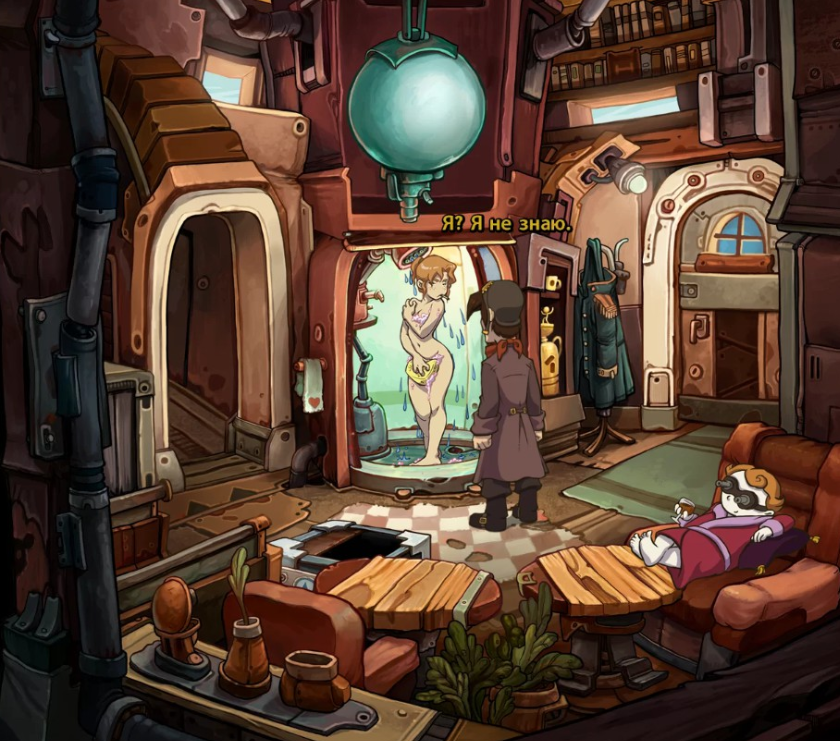 1girls 2boys completely_nude covering covering_breasts covering_crotch deponia nude official_art pbrand rufus_(deponia) screencap shower tagme toni_(deponia) wenzel