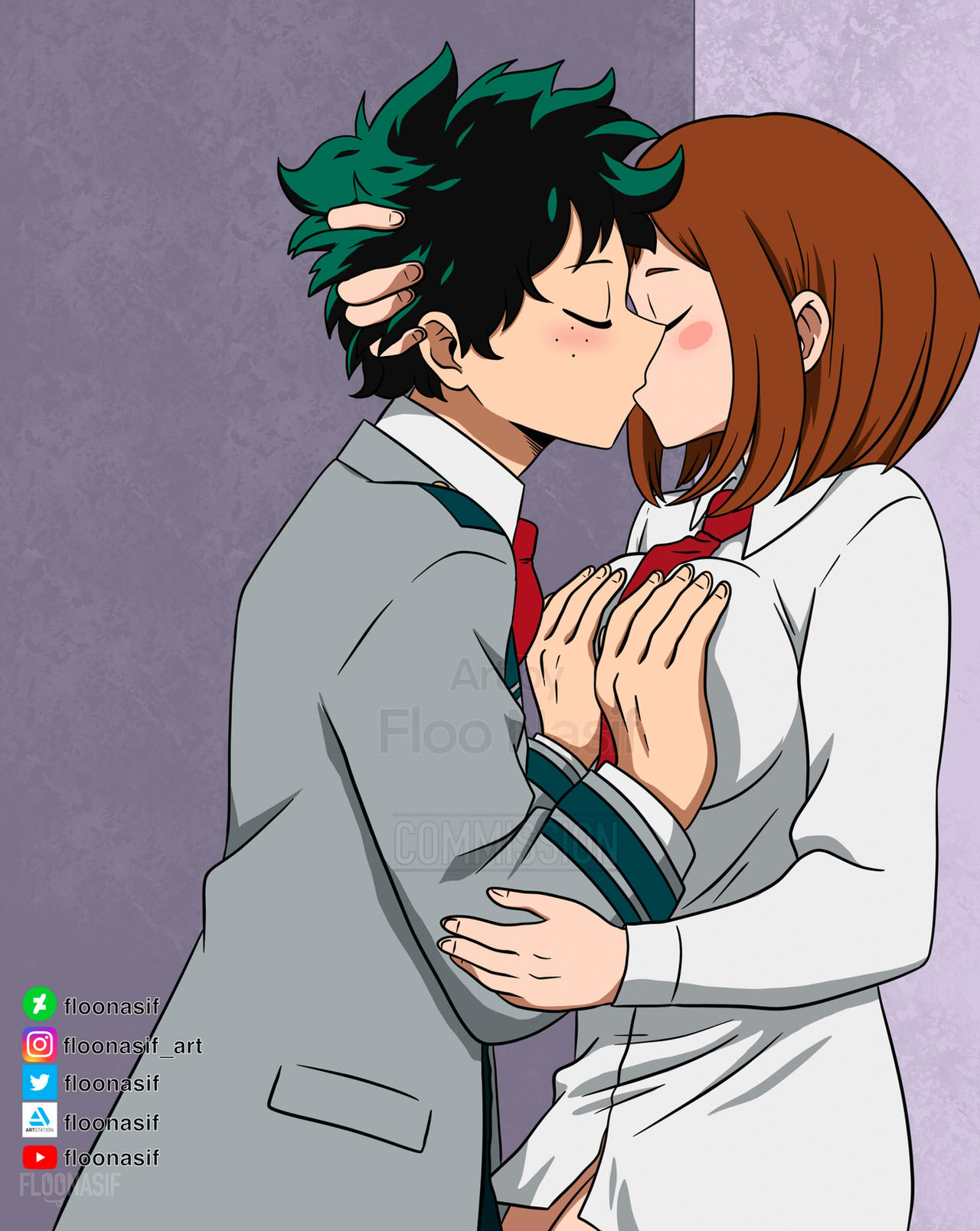 1boy1girl 1girl 2d bottomless brown_hair cute_couple cute_face deku eyes_closed floonasif grabbing_another's_breast grabbing_breasts grabbing_head green_hair groping high_school high_school_student highschool izuku_midoriya kissing my_hero_academia ochako_uraraka romance school_uniform schoolgirl shadow short_hair tie