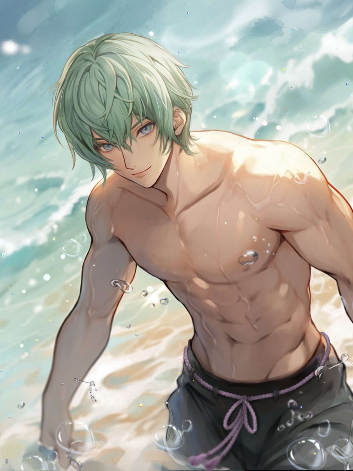 1boy abs air_bubble arm_out_of_frame beach biceps black_male_swimwear bubble byleth_(fire_emblem) byleth_(male)_(fire_emblem) closed_mouth collarbone cowboy_shot drawstring dutch_angle enlightened_byleth_(male) fire_emblem fire_emblem:_three_houses green_eyes green_hair groin hair_between_eyes highres in_water looking_at_viewer male male_only male_swimwear navel nintendo ocean pectorals smile swim_trunks swimsuit topless_male water water_drop wet wrainbow