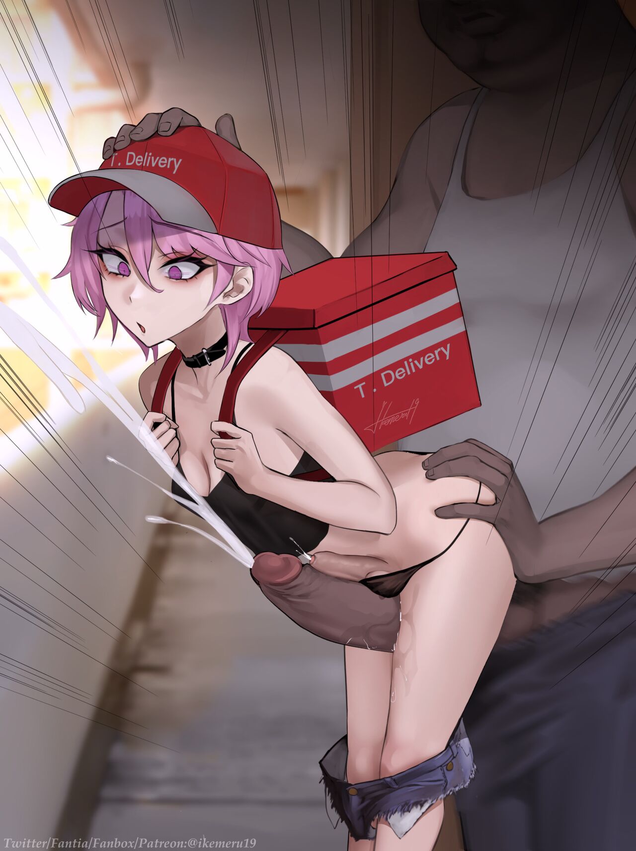 1boy 1futa big_penis cum cumshot delivery delivery_(commerce) delivery_girl dickgirl disembodied_penis futanari genital_fluids genitals hi_res highres ikemeru19 light-skinned_futanari light_skin looking_at_penis male_on_futa original original_character panties pink_eyes pink_hair ria_(ikemeru19) shorts_down small_penis uncensored