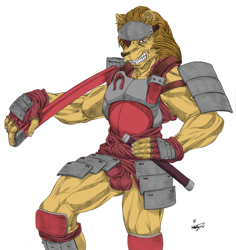 anthro armor bulge clothing eye_patch eyewear felid feline looking_at_viewer male male_only mammal melee_weapon muscular solo sword thong underwear weapon xkoshiji