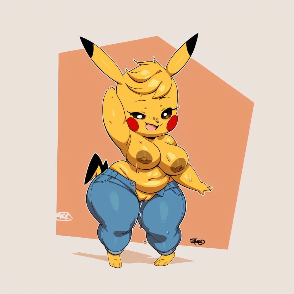 3_toes absurd_res ai_generated anthro anthrofied areola big_breasts blush bodily_fluids bottomwear breasts camel_toe cleft_tail clothed clothing denim denim_clothing dipstick_ears feet female fingers fur generation_1_pokemon genitals hair hellsonger hi_res jeans kanna_(joaoppereiraus) looking_at_viewer mammal multicolored_ears navel nintendo nipples open_bottomwear open_clothing open_mouth open_pants pants pikachu pokemon pokemon_(species) pokemorph pussy short_stack signature simple_background slightly_chubby smile solo standing sweat thick_thighs toes topless wide_hips yellow_body yellow_fur