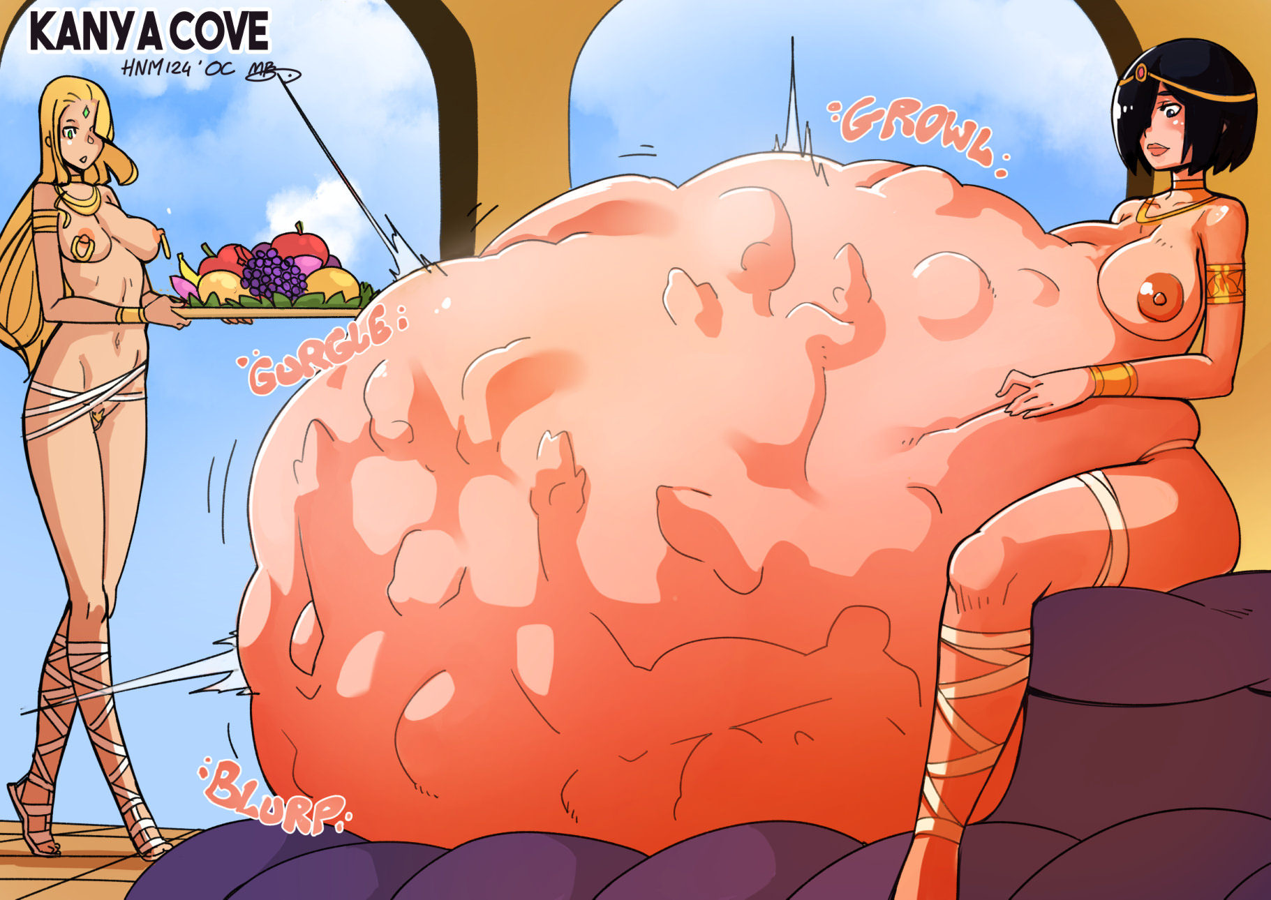 belly, big belly, breasts, egyptian, egyptian female, female, female pred, huge belly, mabeelz, mass vore, multiple prey, nipples, poorly tagged, same size vore, vore