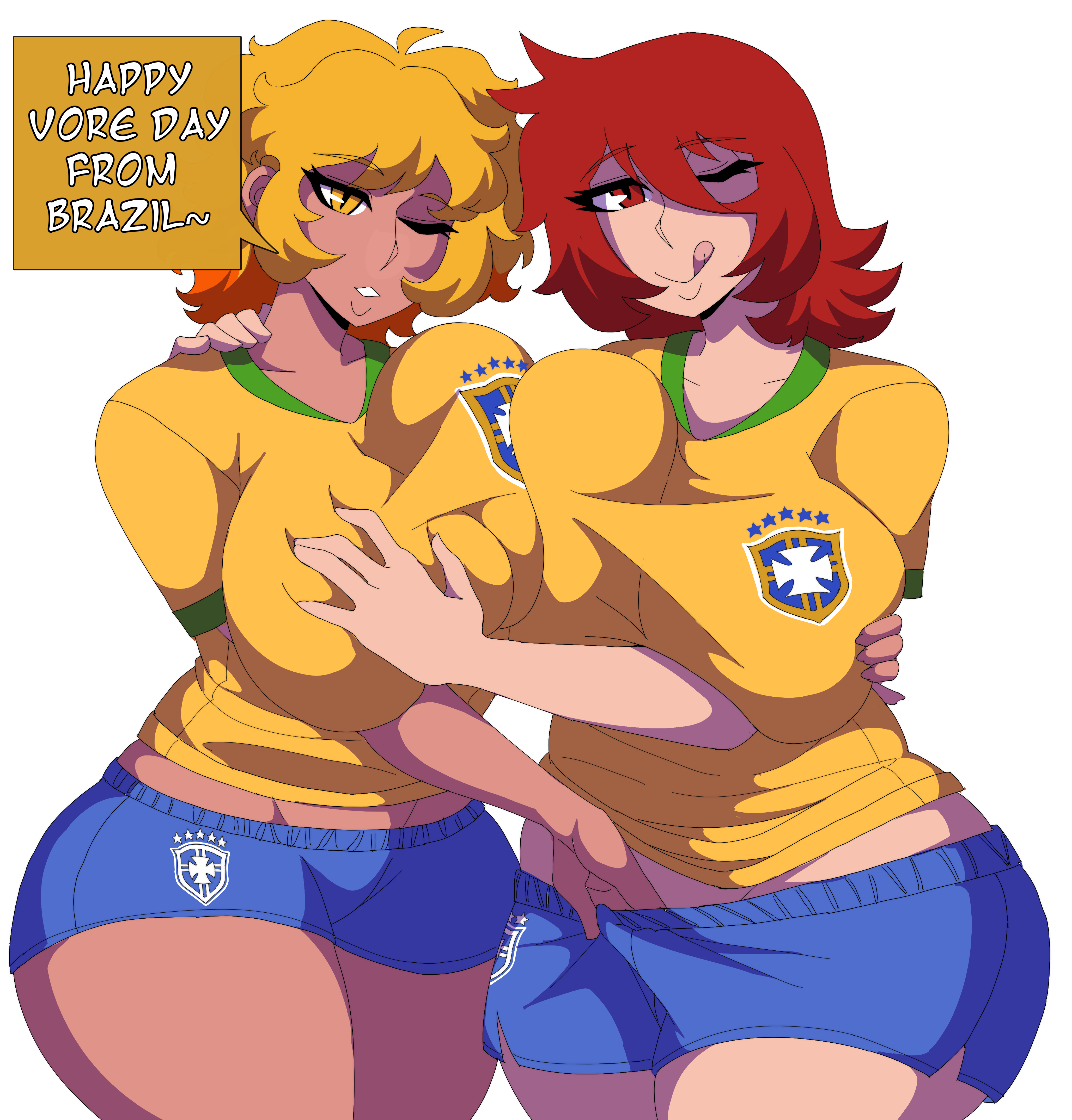 2girls, ass, big ass, big breasts, breasts, comic, comic page, female, female pred, female prey, huge ass, huge breasts, hyper ass, hyper breasts, nipple bulge, simple background, sunnyhero, thick ass, thick thighs, voluptuous, vore