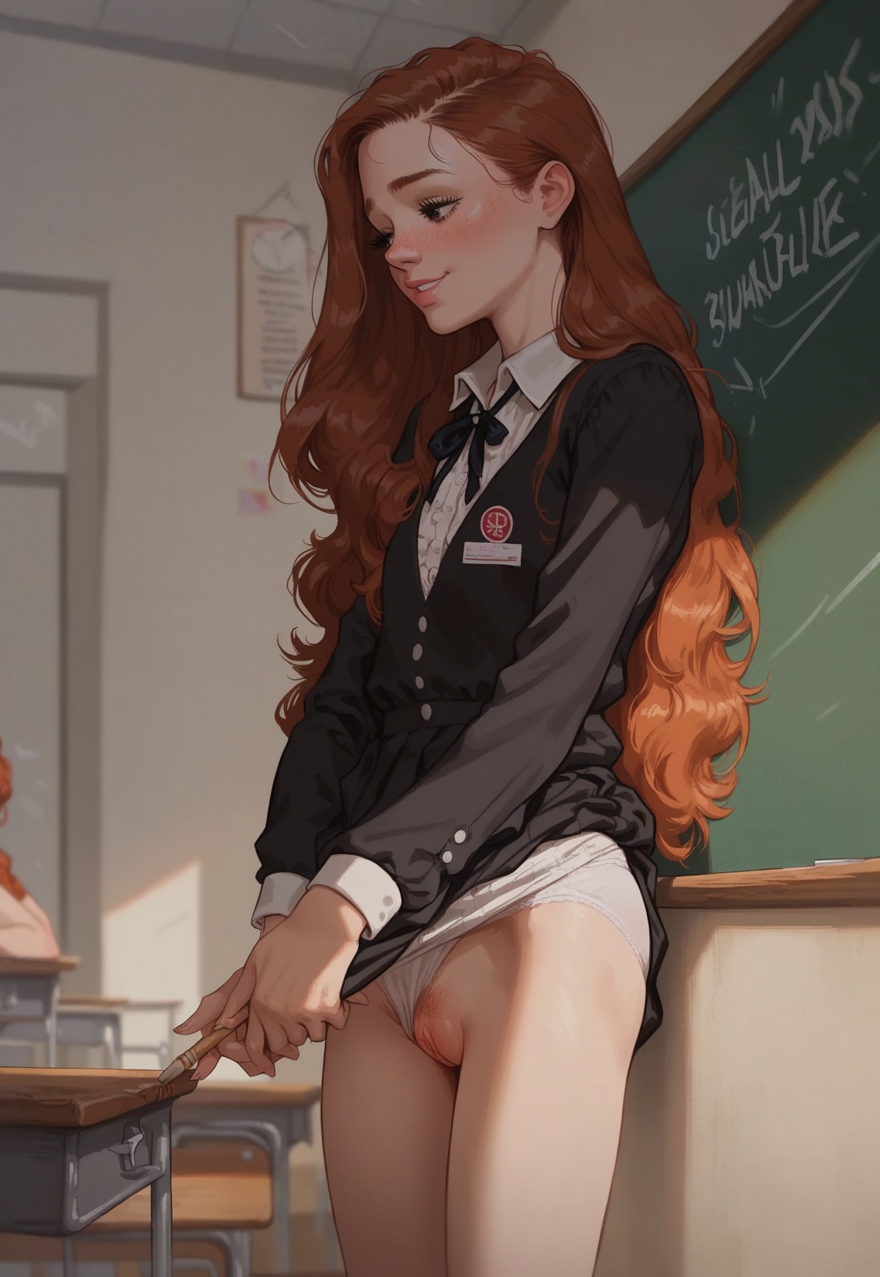 ai generated, classroom, exposed pussy, female, ginger, long hair, panties aside, petite, pussy, sanyasralker, school uniform, schoolgirl, shy, solo