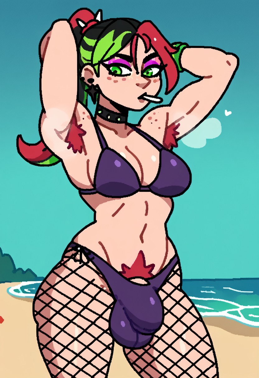 1futa 1futanari armpit armpit_hair armpits beach bikini black_choker black_hair bracelet choker fishnet fishnet_legwear fishnets fortnite freckles freckles_on_cheeks freckles_on_face freckles_on_shoulders futa_pubic_hair futanari green_bracelet green_eyes green_hair heart helsie_(fortnite) makeup multicolored_hair musk musky_armpit musky_armpits nuggets109 pink_eyeshadow ponytail pubic_hair purple_bikini red_armpit_hair red_hair red_pubic_hair steamy_armpit steamy_armpits superiorfox_(style) thick_lines white_heart