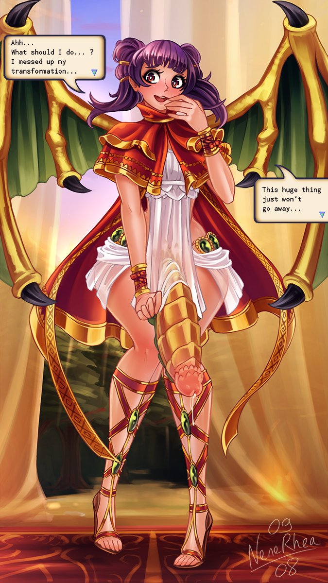 1futa alternate_hairstyle animal_genitalia_on_humanoid big_penis clothing dragon_girl dragon_penis dragon_penis_on_humanoid dragon_wings dress_pull embarrassed english_text fire_emblem fire_emblem:_the_sacred_stones full-package_futanari futanari gameplay_mechanics high_heels kneehighs knees_together_feet_apart looking_to_the_side monster_cock myrrh_(fire_emblem) nenerhea nintendo open_toe_shoes precum_drip purple_hair scaled_penis see-through see-through_clothing small_breasts solo text text_box translucent_clothing