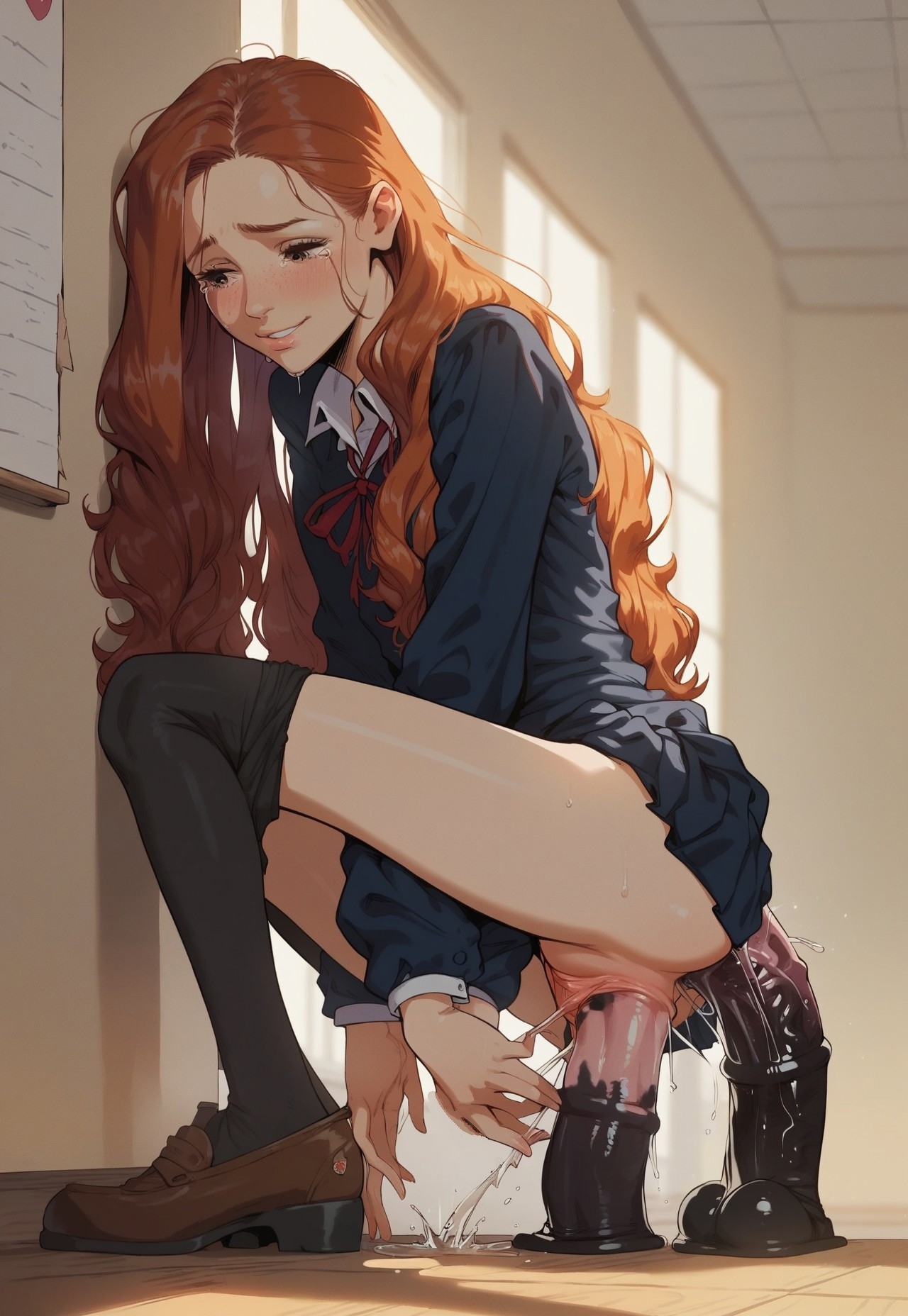 ai generated, closed eyes, dildo in ass, dildo in pussy, female, ginger hair, long hair, pain, public, public exposure, pussy, sanyasralker, school, school uniform, schoolgirl, squirting, tears