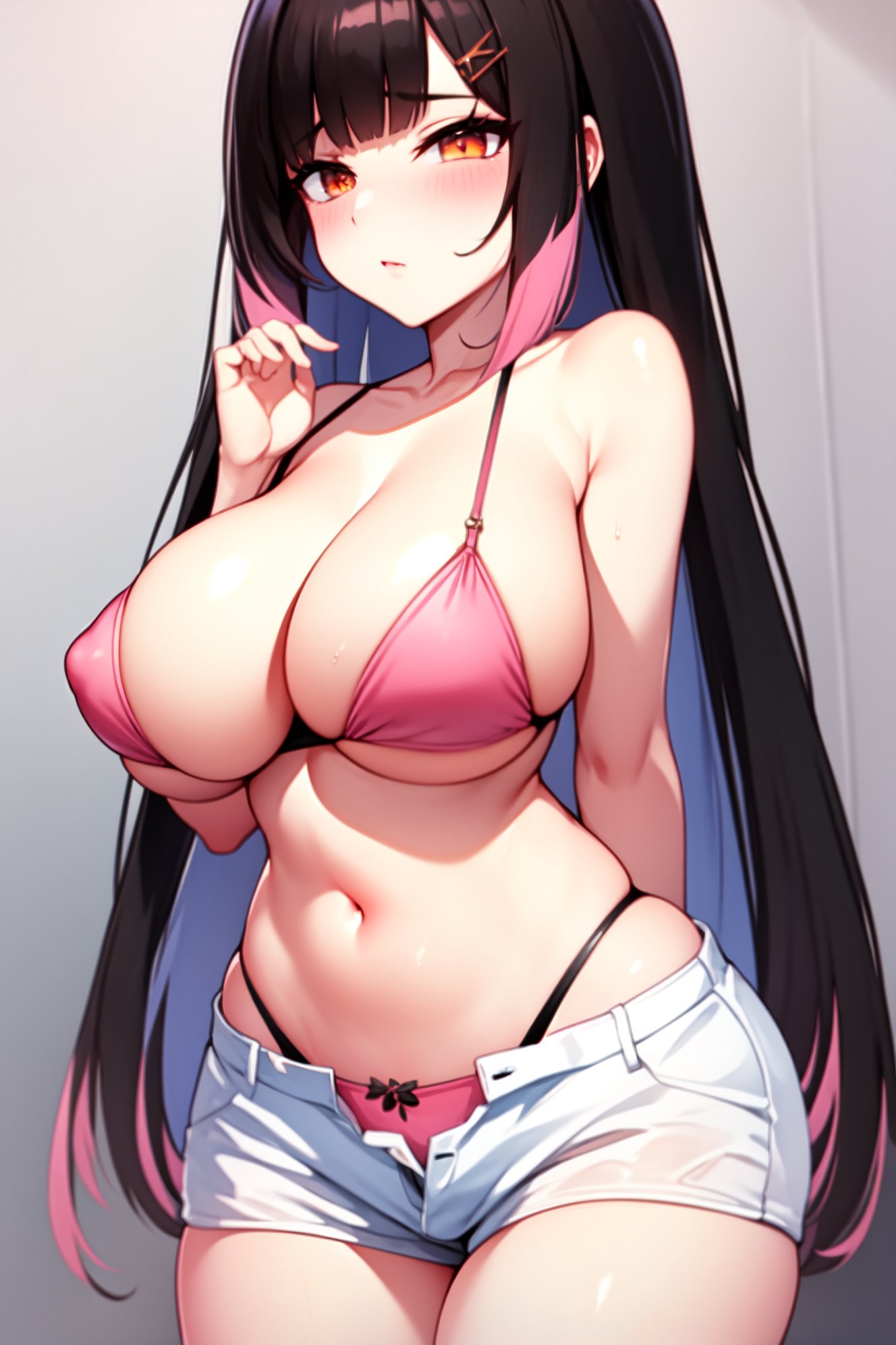 1girls ai_generated alufliniy big_breasts bikini blush breasts brown_hair hana_yomeguri long_hair looking_at_viewer multicolored_hair orange_eyes pink_hair solo_female tagme thighs virtual_youtuber vtuber