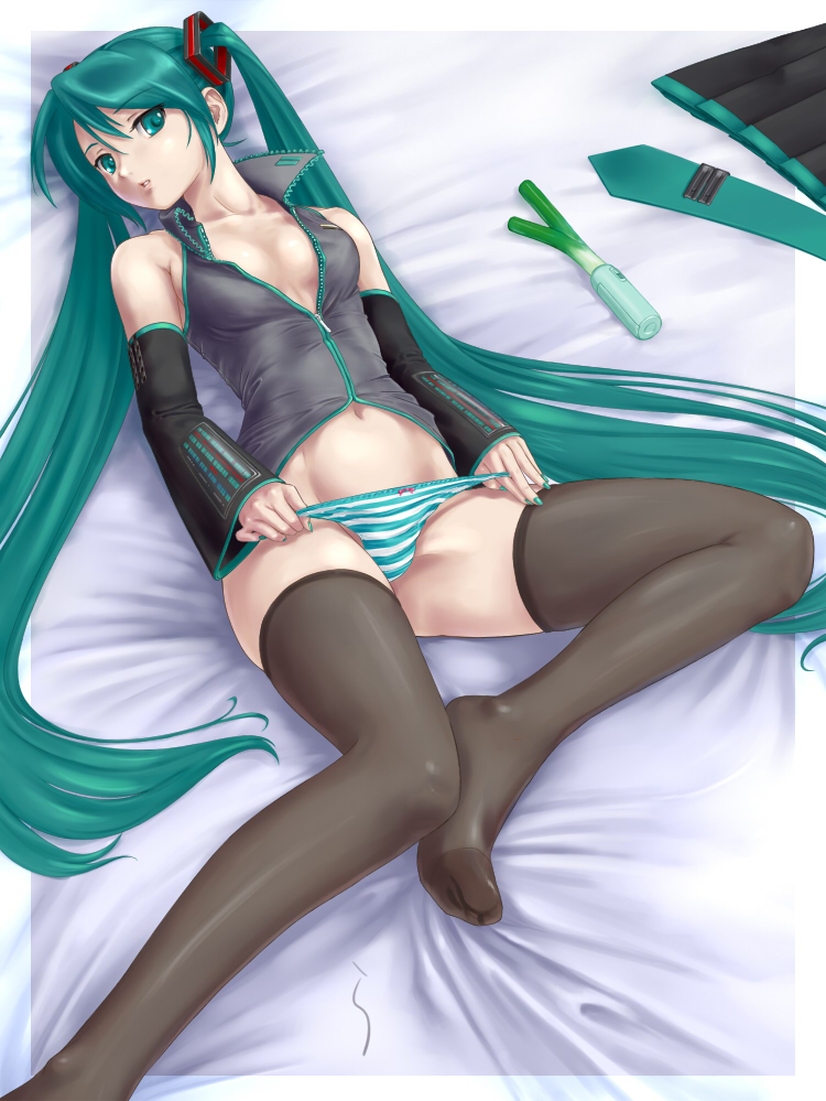 bed detached_sleeves feet hatsune_miku long_hair nail_polish navel panties panty_pull rasukaru spring_onion striped striped_panties thighhighs tied_hair twintails underwear undressing very_long_hair vibrator vocaloid