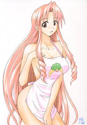 apron blue_eyes breasts cleavage large_breasts long_hair lowres mahou_sensei_negima mahou_sensei_negima! mikagami_sou naba_chizuru naked_apron pink_hair