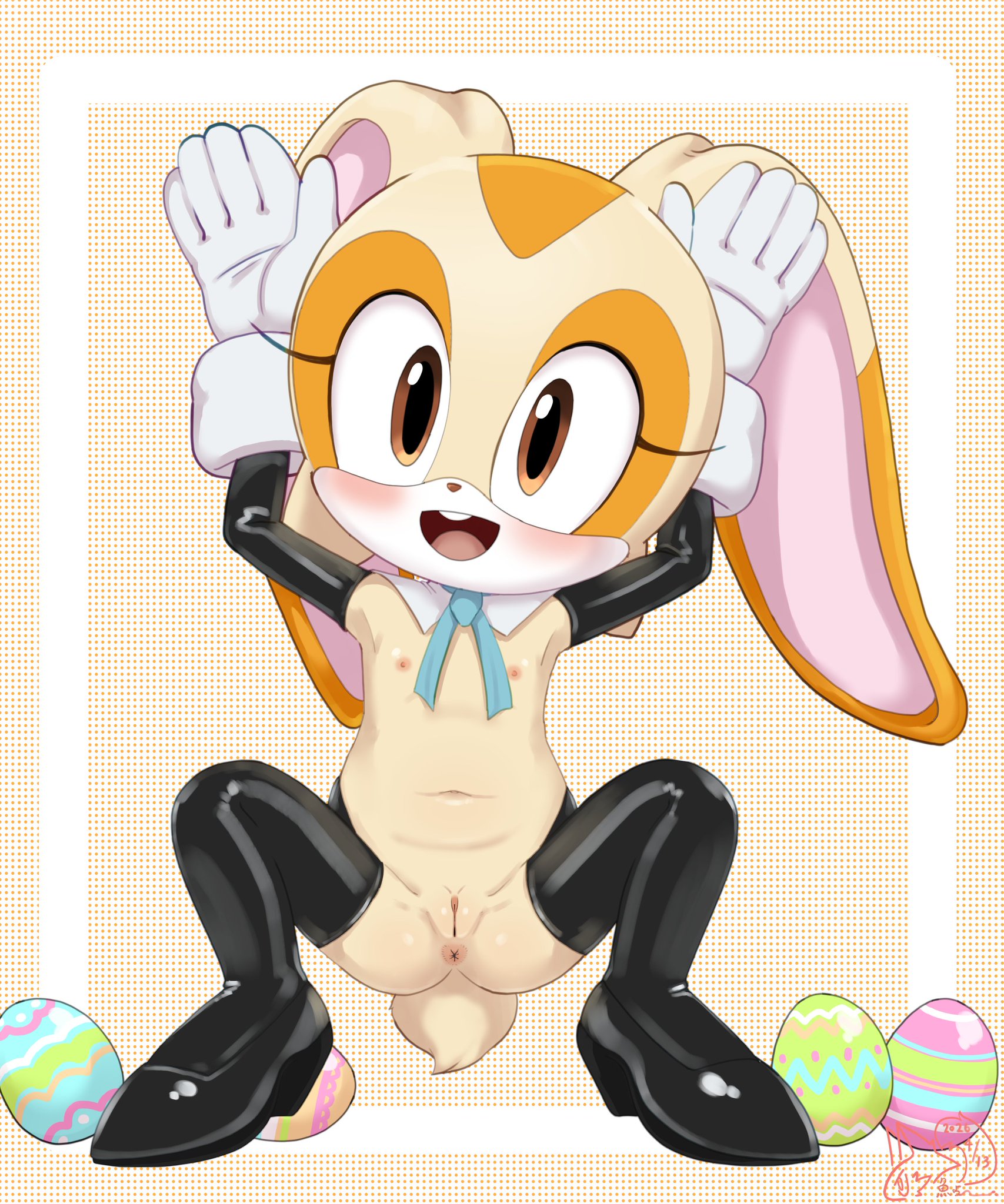 1girl, 1girls, 2d, 2d (artwork), 2d artwork, animal ears, anthro, anthro female, anthro only, anthro solo, anus, anus focus, anus peek, blush, blushing, breasts, brown eyes, brown nose, buckteeth, bunny, bunny costume, bunny ears, bunny girl, bunny tail, bunnysuit, cotton tail, cream the rabbit, cub, detailed, easter, easter egg, eyelashes, female, female cub, female only, flat, flat chest, flat chested, floppy ears, fur, furry, furry female, furry only, genitals, girly, girly girl, gloves, lagomorph, latex, latex clothing, latex gloves, latex legwear, long ears, mammal, mobian, mobian (species), mobian rabbit, mouth, mouth open, open mouth, pussy, pussy lips, pussy peek, rabbit, rabbit girl, rabbit tail, reverse bunnysuit, ribbon, sake kemosalmon, sega, small breasts, small pussy, smaller female, solo, solo anthro, solo female, solo focus, sonic (series), sonic team, sonic the hedgehog (series), squatting, squatting position, tail, tan fur, vagina, video games, young, young anthro, young female, younger female