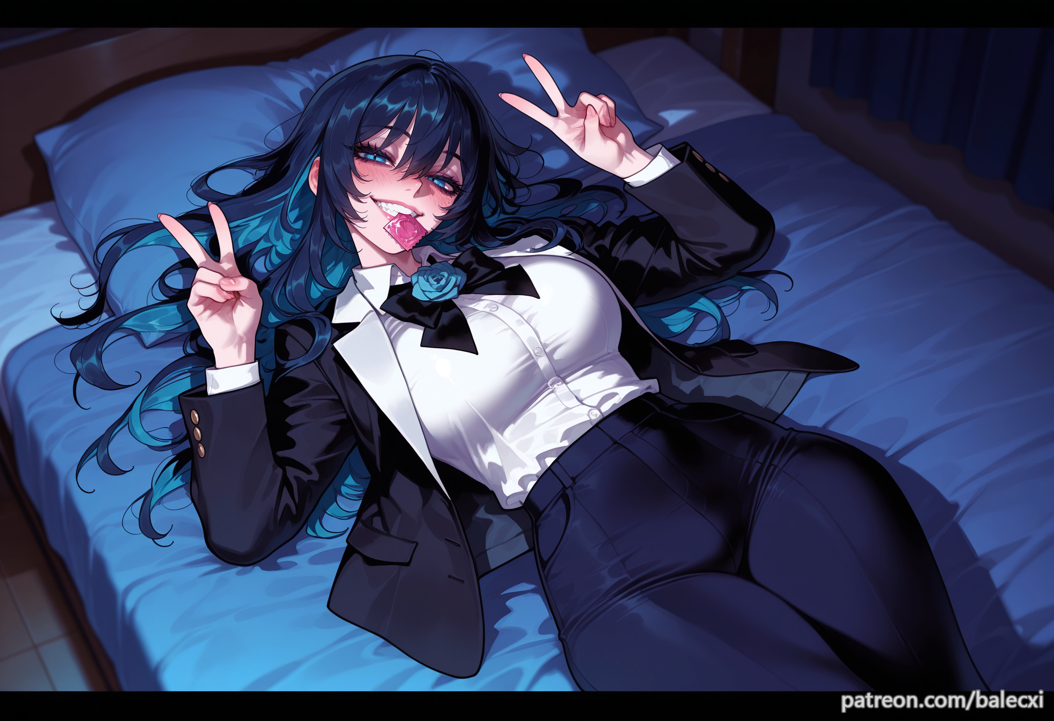 ado (music-artist), ado (utaite), ai generated, balecxi, bed, black bow, black bowtie, black pants, blue eyes, blue hair, blue rose, blush, colored inner hair, condom, condom in mouth, condom wrapper, double v, female, flower, flower brooch, grin, hair between eyes, large breasts, long hair, long sleeves, looking at viewer, lying, mouth hold, on back, open clothes, open jacket, pillow, smile, solo, white shirt